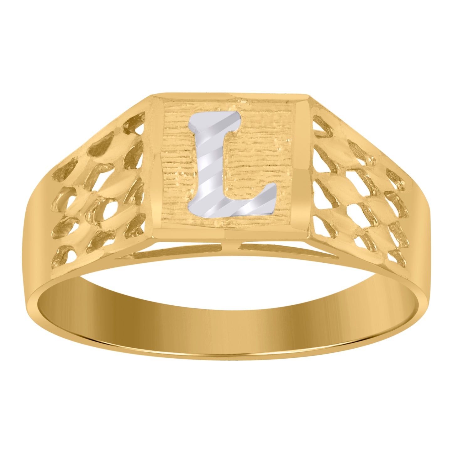 10K Two-Tone Gold Mens Diamond-Cut Textured Initial Letter Band Ring