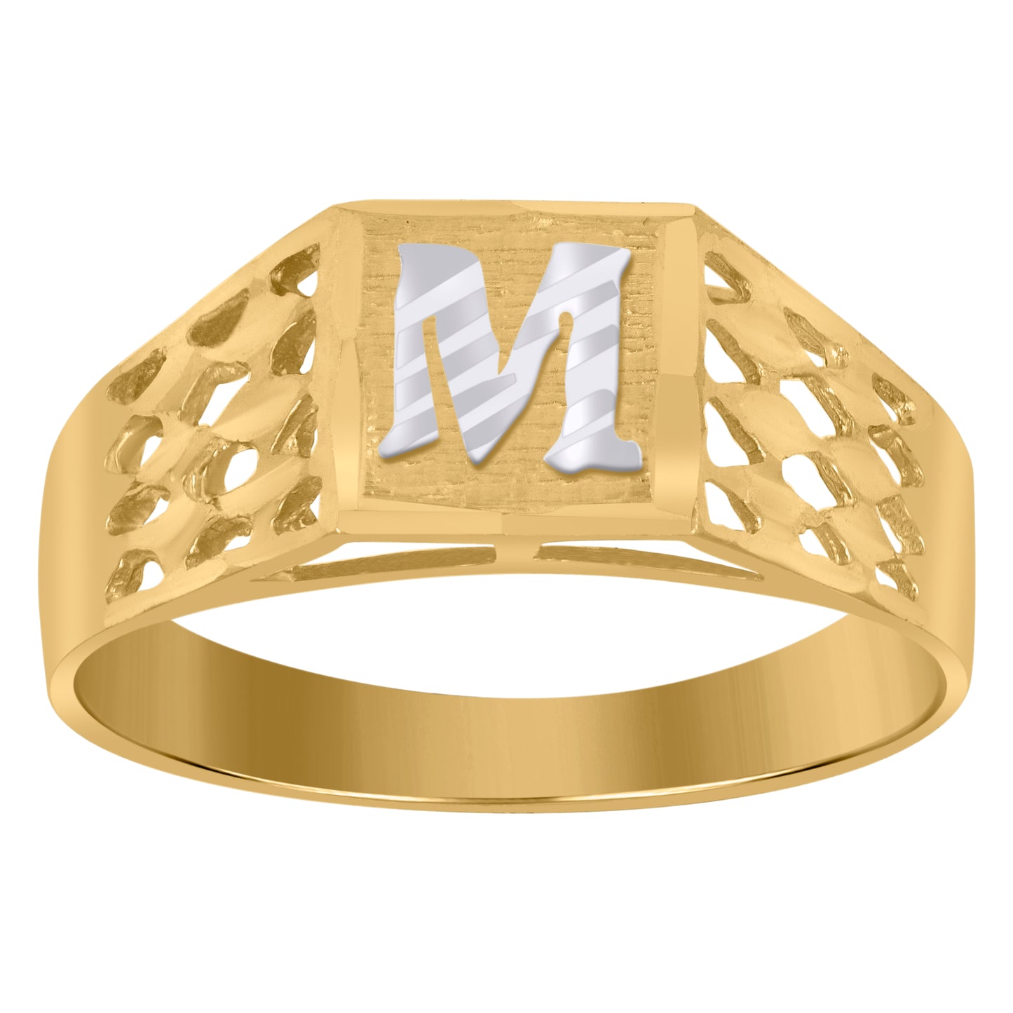 10K Two-Tone Gold Mens Diamond-Cut Textured Initial Letter Band Ring