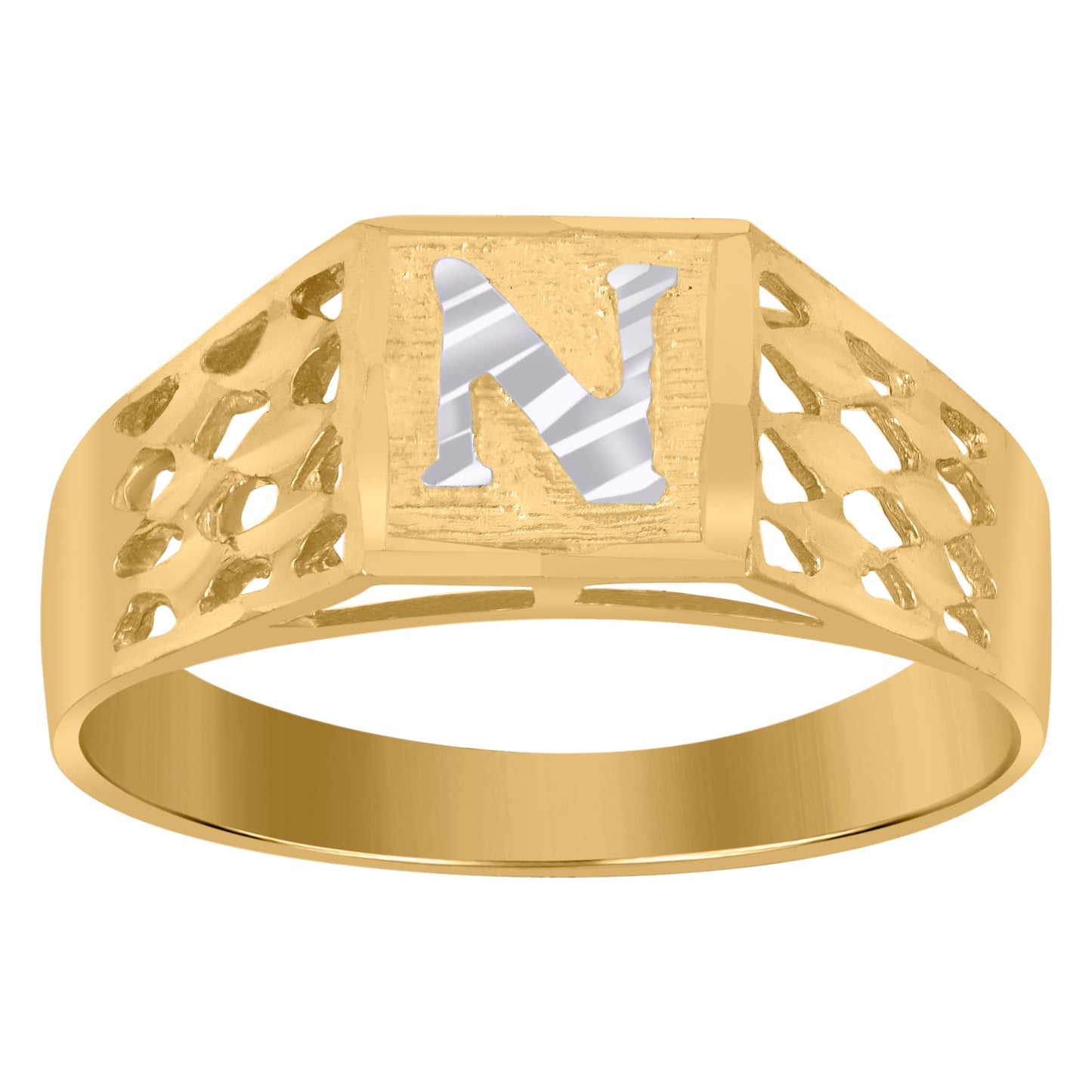 10K Two-Tone Gold Mens Diamond-Cut Textured Initial Letter Band Ring