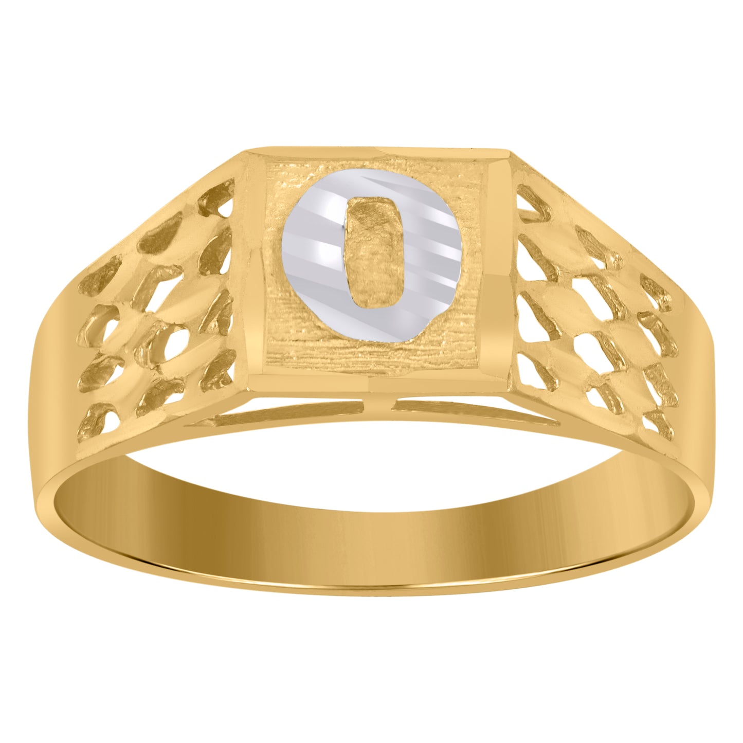 10K Two-Tone Gold Mens Diamond-Cut Textured Initial Letter Band Ring