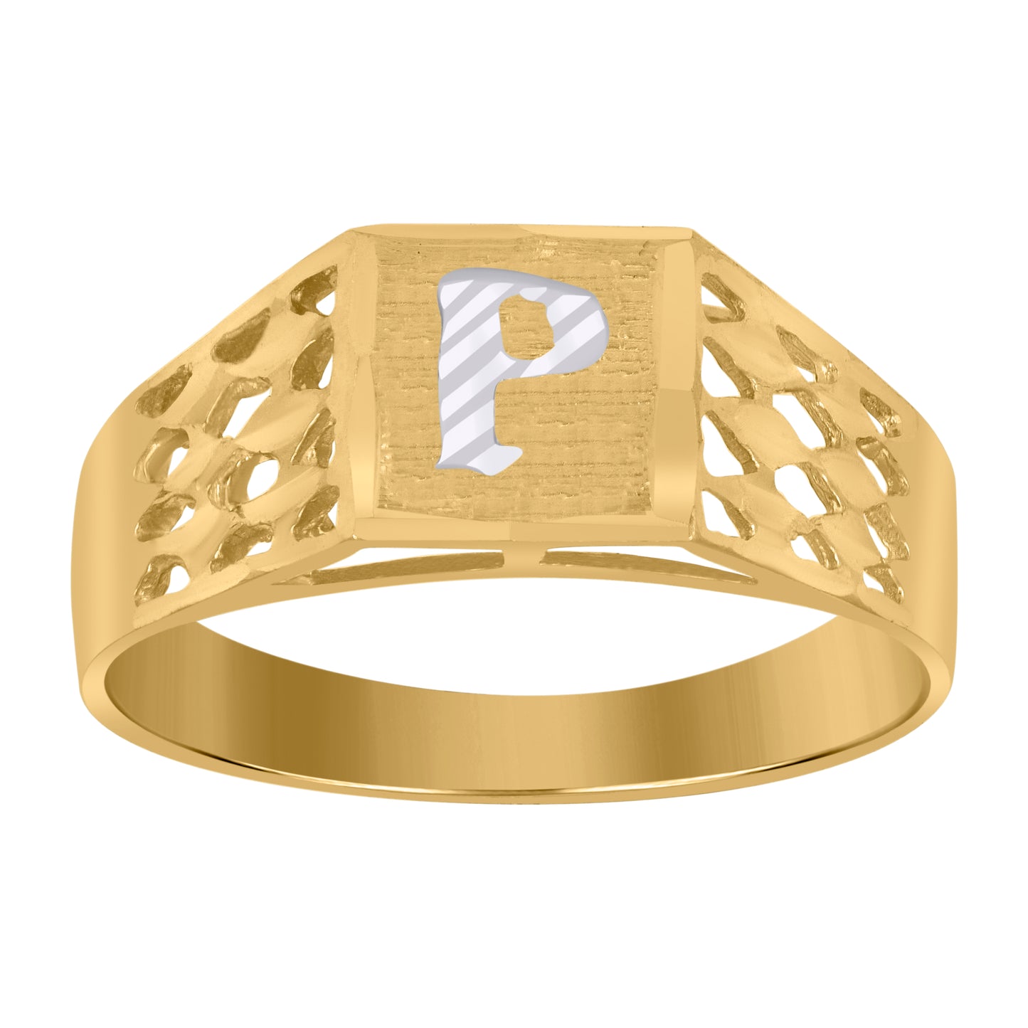 10K Two-Tone Gold Mens Diamond-Cut Textured Initial Letter Band Ring