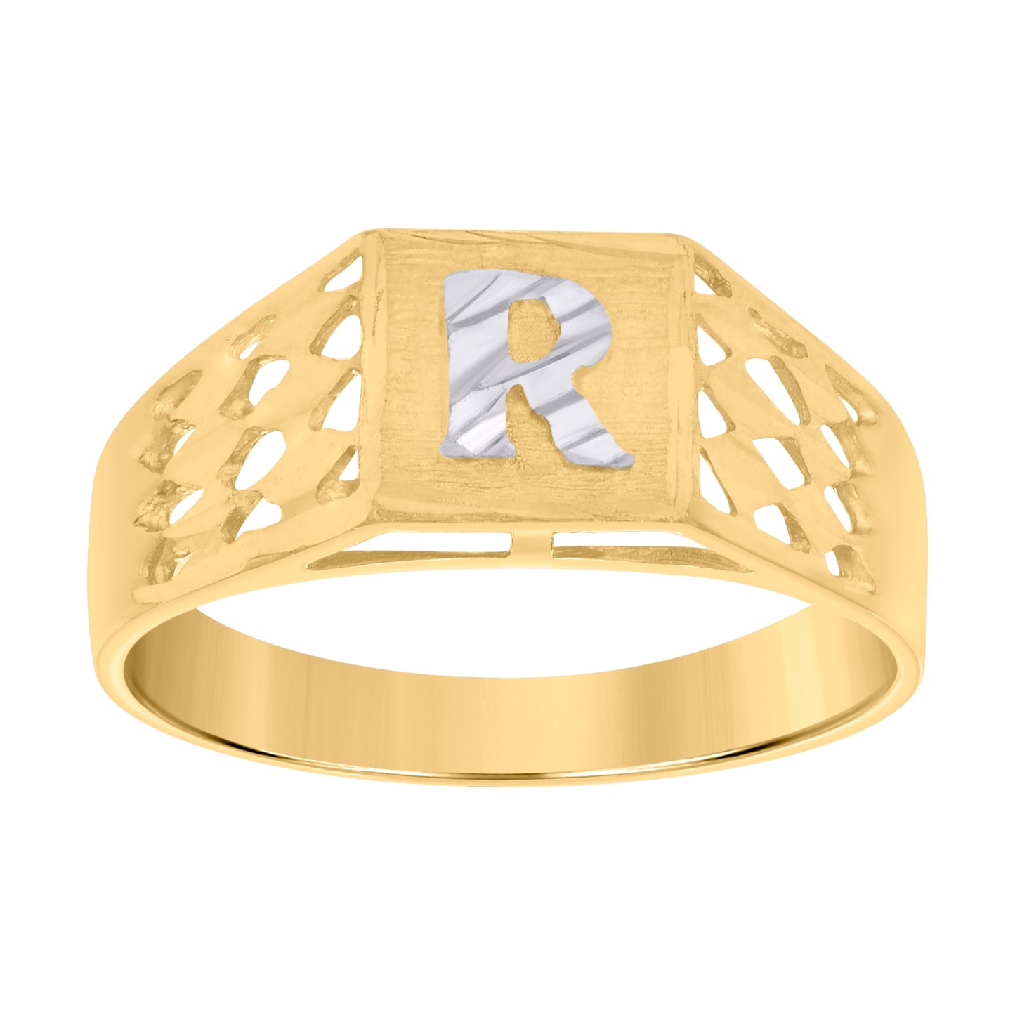 10K Two-Tone Gold Mens Diamond-Cut Textured Initial Letter Band Ring