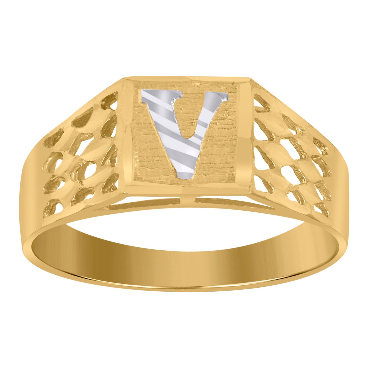 10K Two-Tone Gold Mens Diamond-Cut Textured Initial Letter Band Ring