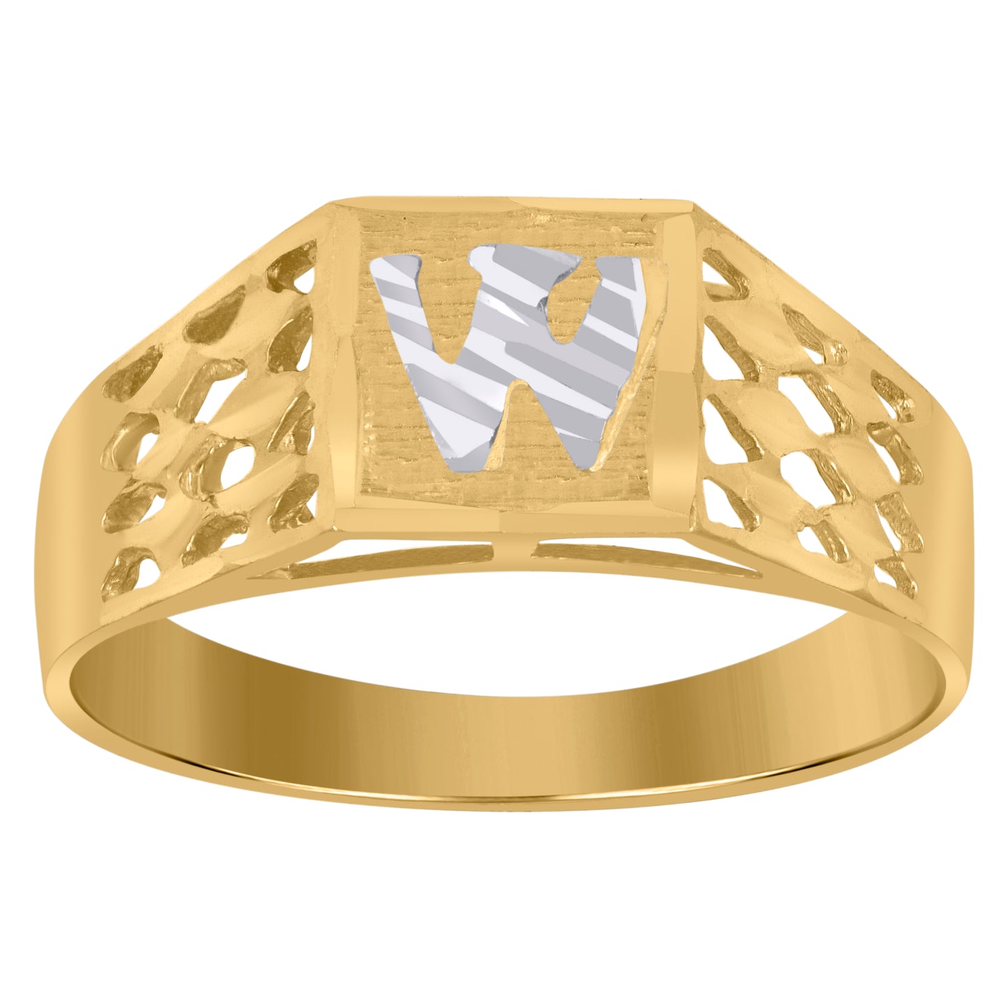 10K Two-Tone Gold Mens Diamond-Cut Textured Initial Letter Band Ring