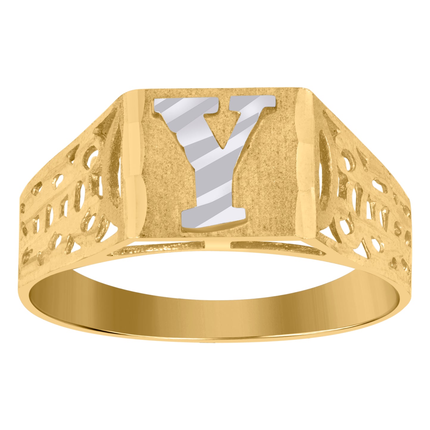 10K Two-Tone Gold Mens Diamond-Cut Textured Initial Letter Band Ring
