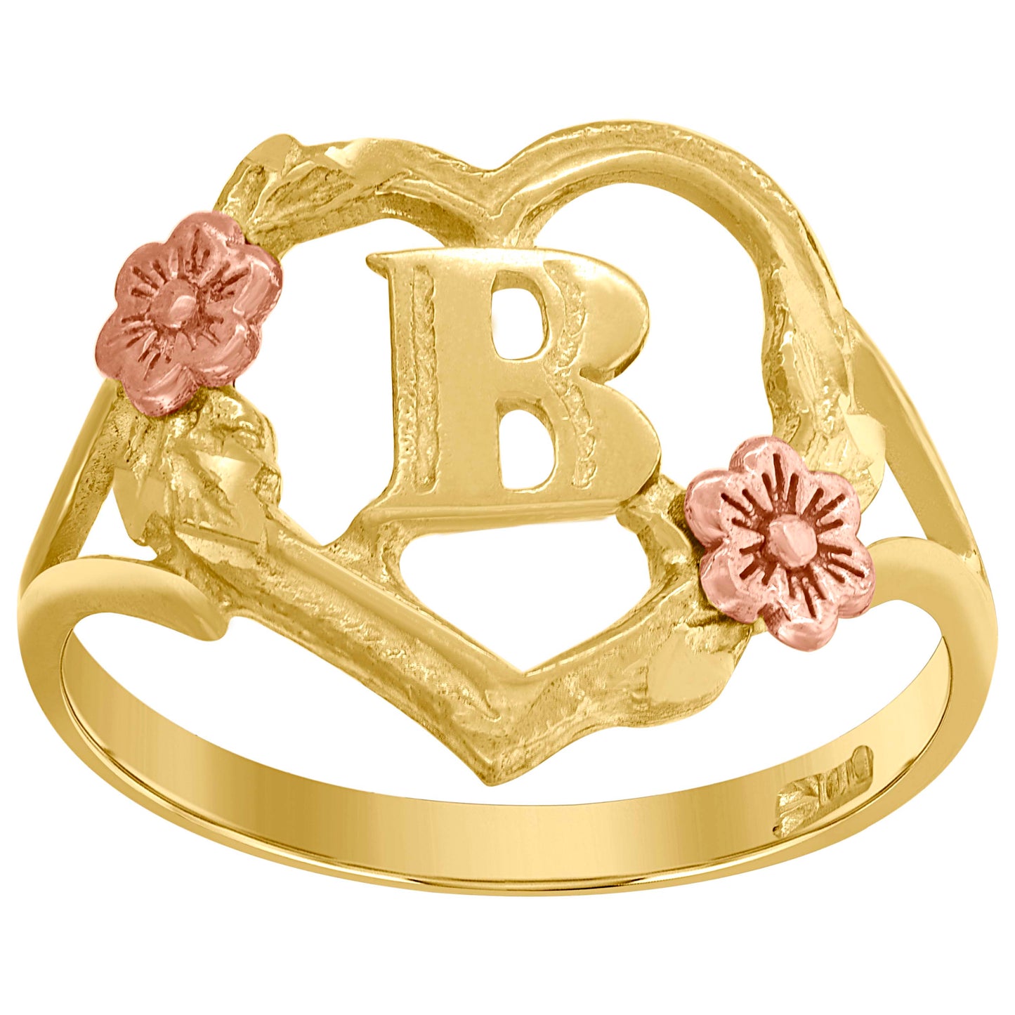 10K Two-Tone Gold Womens Diamond Cut Textured Initial Letter Heart Bridal Anniversary Engagement Wedding Band Ring