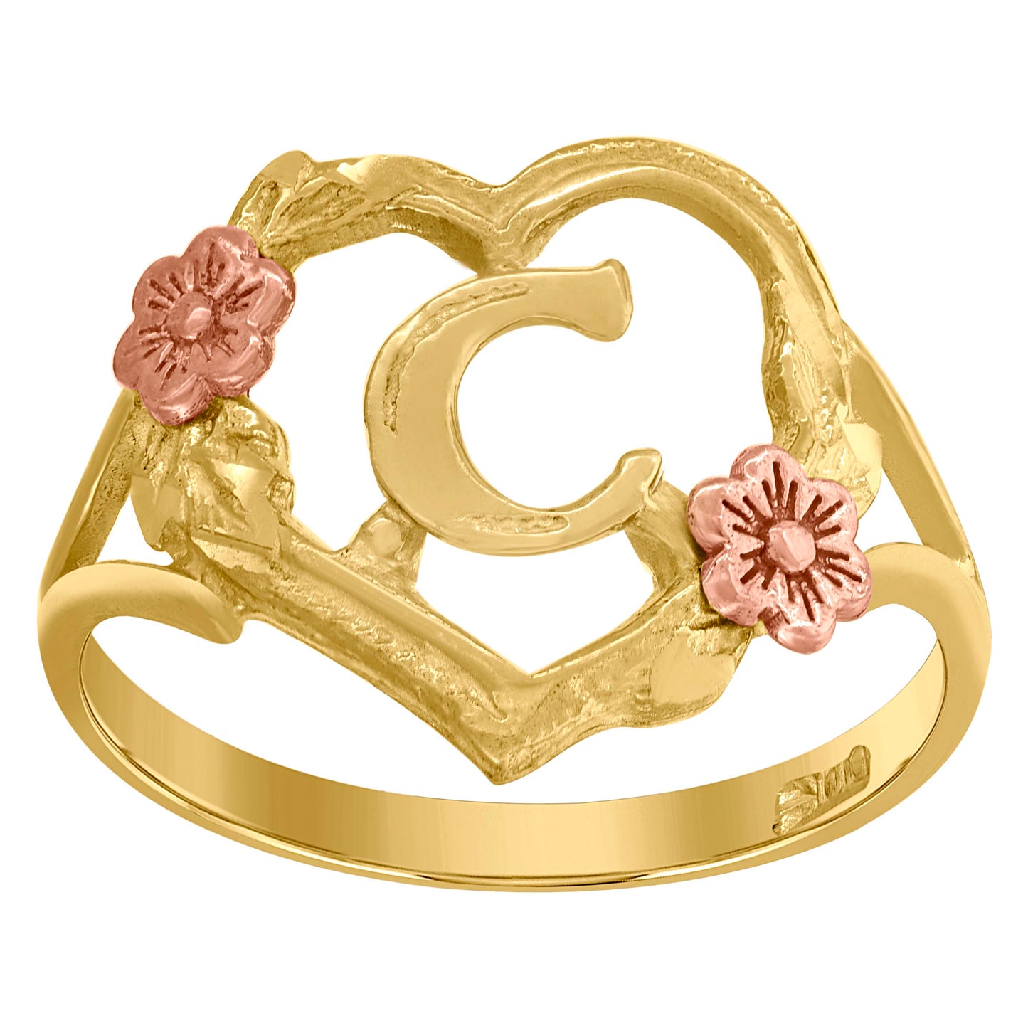 10K Two-Tone Gold Womens Diamond Cut Textured Initial Letter Heart Bridal Anniversary Engagement Wedding Band Ring