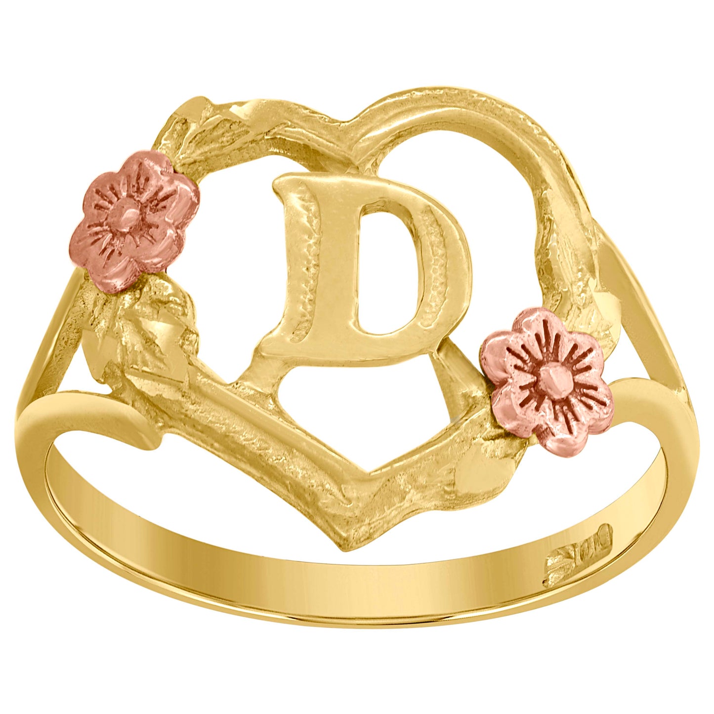 10K Two-Tone Gold Womens Diamond Cut Textured Initial Letter Heart Bridal Anniversary Engagement Wedding Band Ring