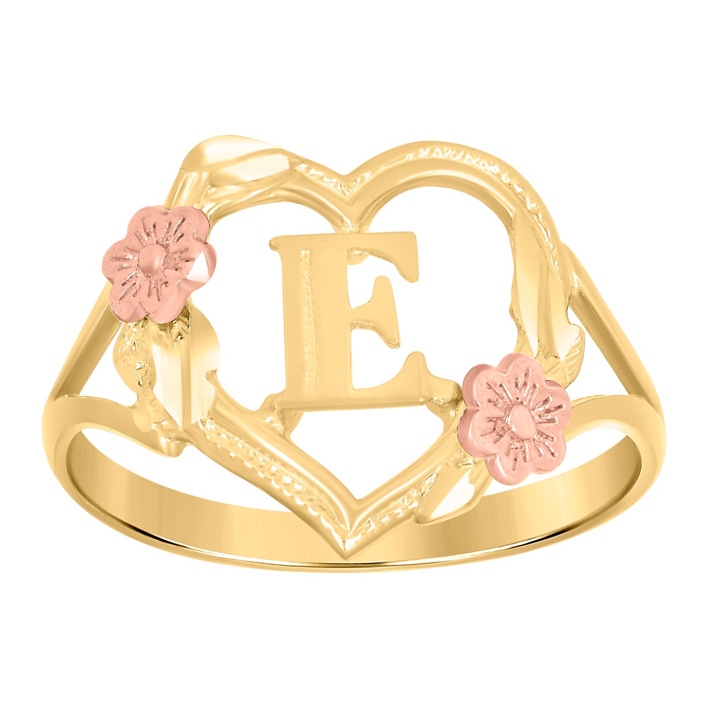 10K Two-Tone Gold Womens Diamond Cut Textured Initial Letter Heart Bridal Anniversary Engagement Wedding Band Ring