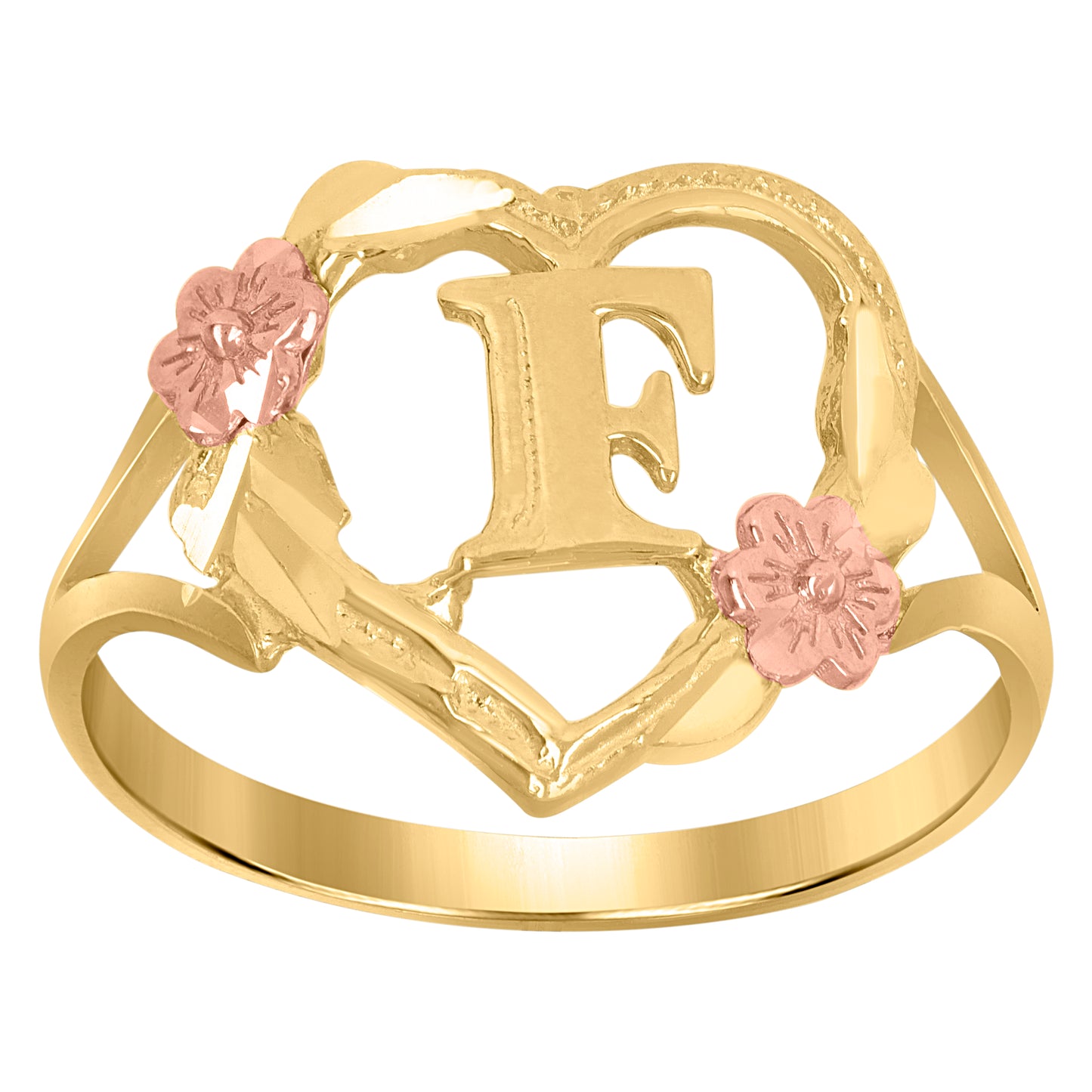 10K Two-Tone Gold Womens Diamond Cut Textured Initial Letter Heart Bridal Anniversary Engagement Wedding Band Ring