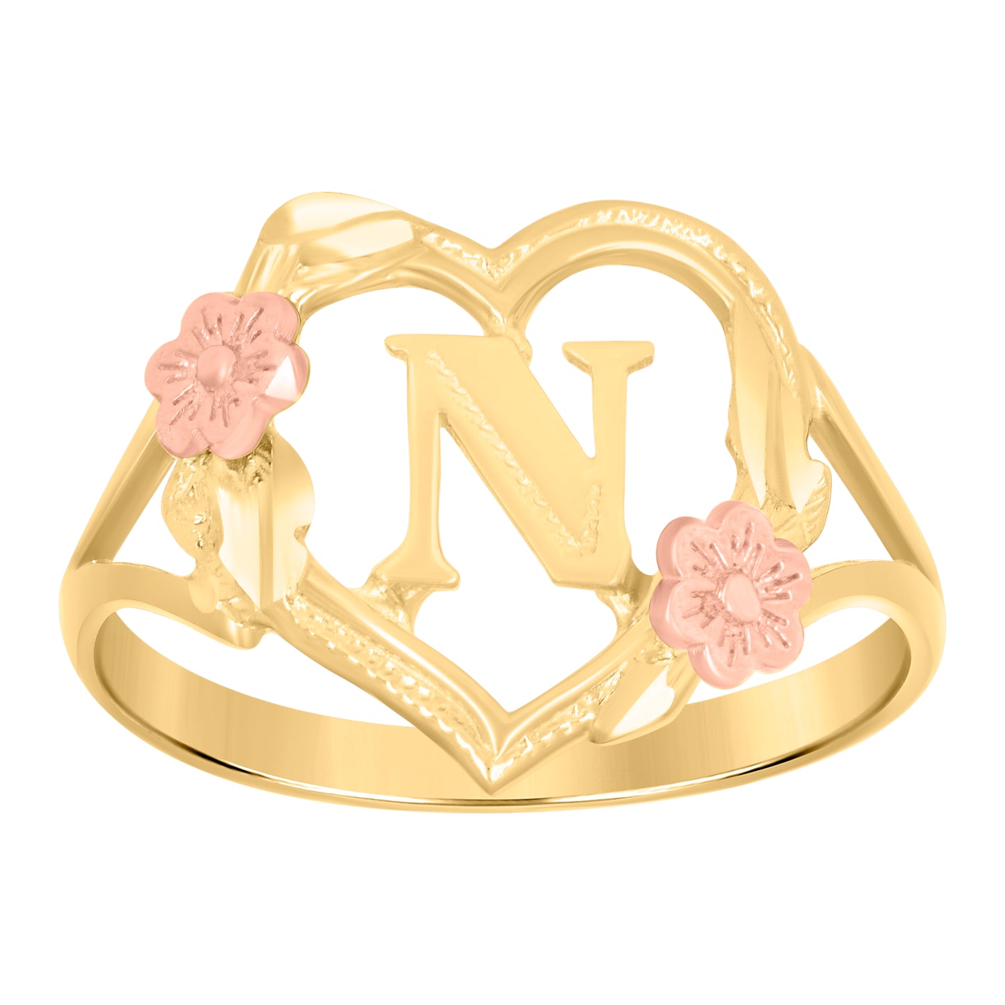 10K Two-Tone Gold Womens Diamond Cut Textured Initial Letter Heart Bridal Anniversary Engagement Wedding Band Ring