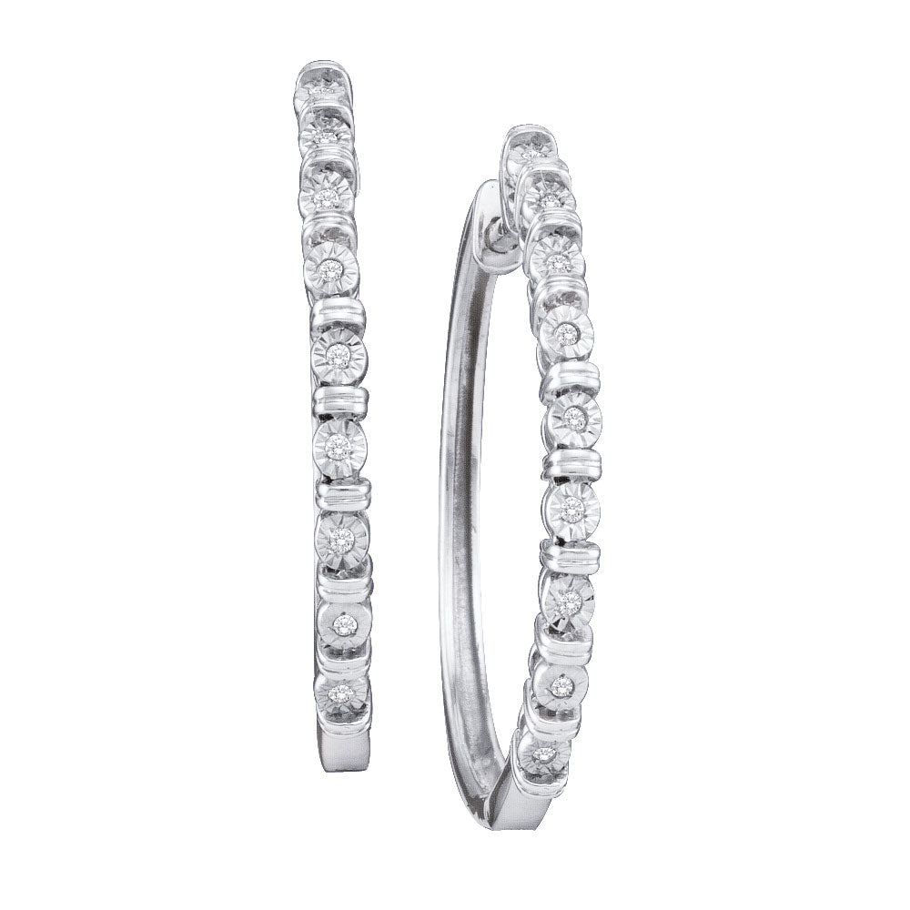 10K White Gold Womens Round Diamond Single Row Hoop Earrings 1/20 Cttw, Length: 1.01 In, Width: 0.09 In