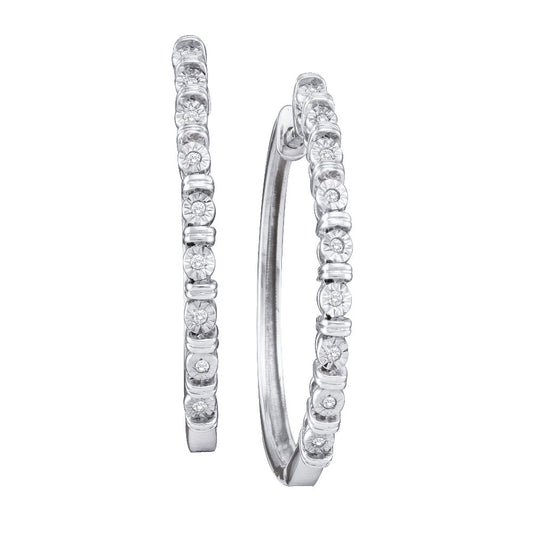 10K White Gold Womens Round Diamond Single Row Hoop Earrings 1/20 Cttw, Length: 1.01 In, Width: 0.09 In