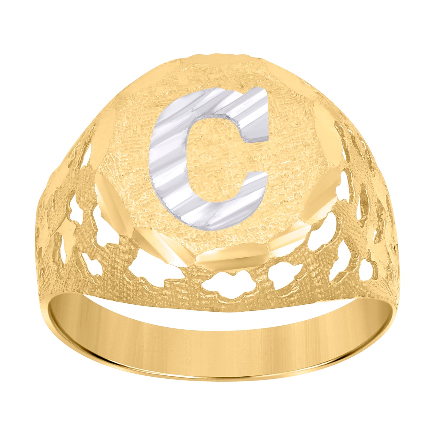 10K Two-Tone Gold Mens Diamond-Cut Textured Initial Letter Band Ring