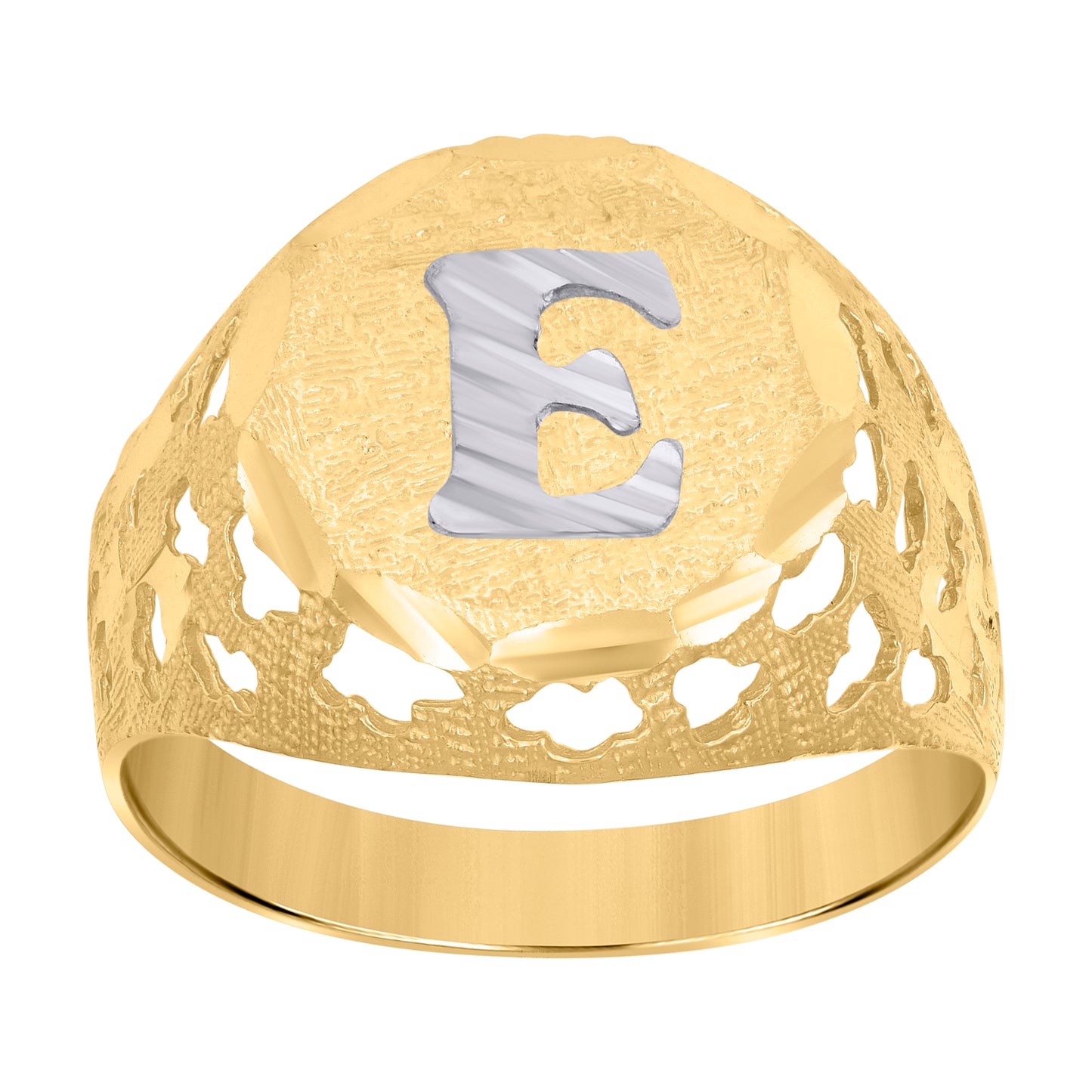 10K Two-Tone Gold Mens Diamond-Cut Textured Initial Letter Band Ring