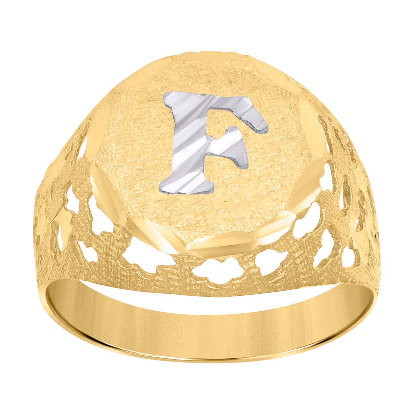 10K Two-Tone Gold Mens Diamond-Cut Textured Initial Letter Band Ring