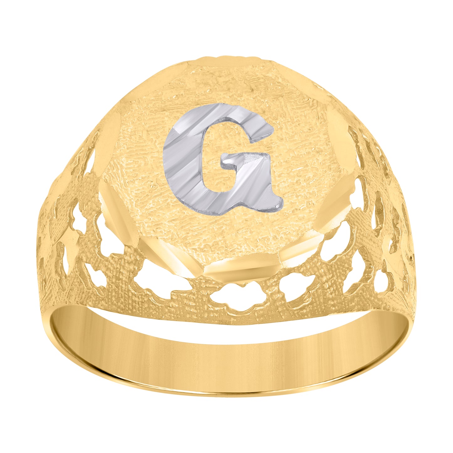 10K Two-Tone Gold Mens Diamond-Cut Textured Initial Letter Band Ring