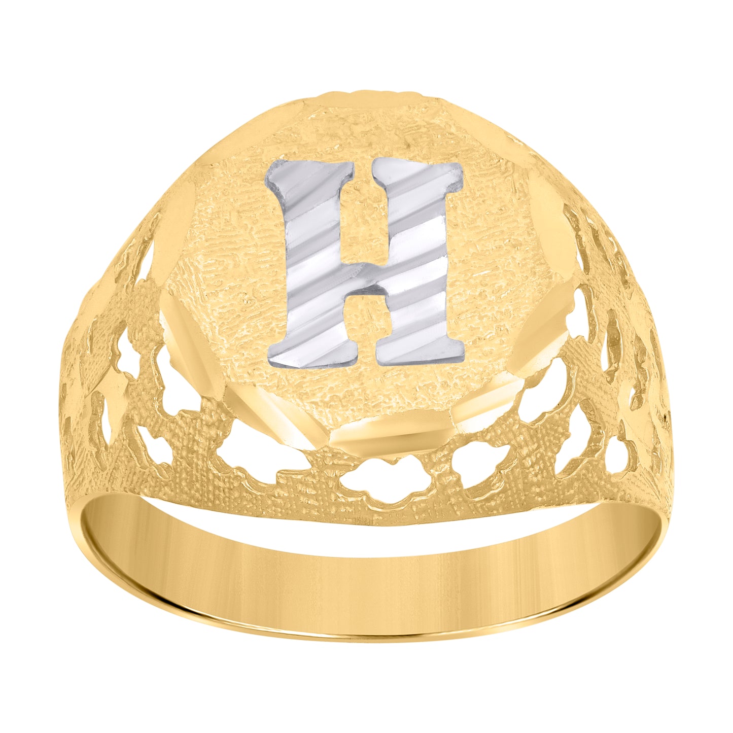 10K Two-Tone Gold Mens Diamond-Cut Textured Initial Letter Band Ring