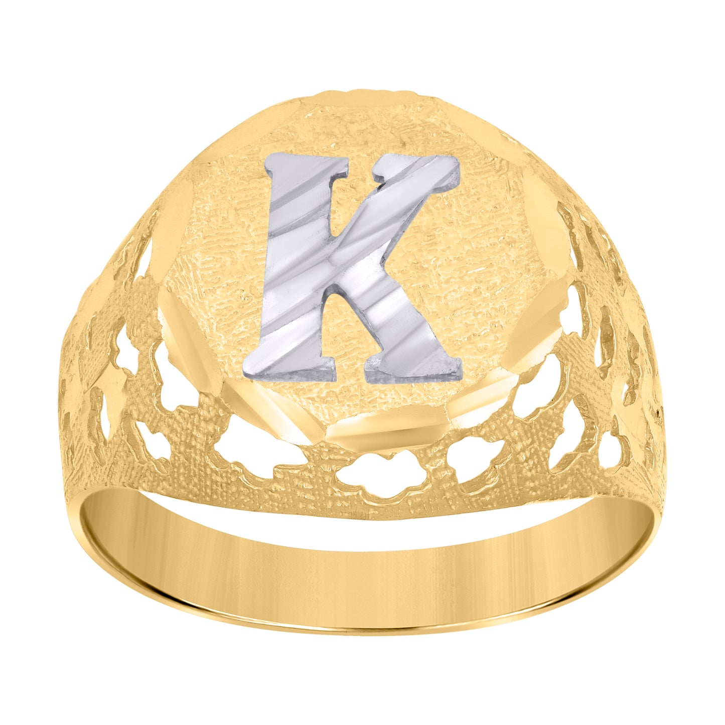 10K Two-Tone Gold Mens Diamond-Cut Textured Initial Letter Band Ring