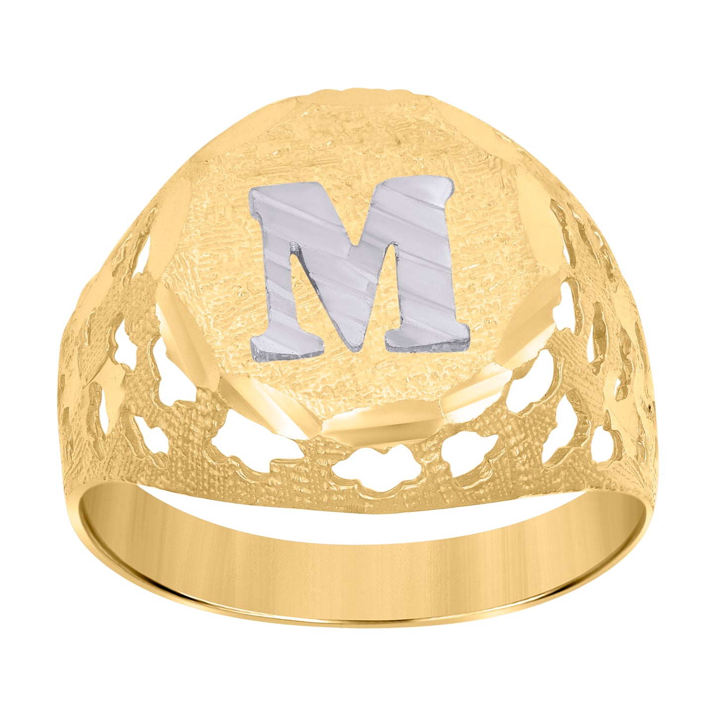 10K Two-Tone Gold Mens Diamond-Cut Textured Initial Letter Band Ring