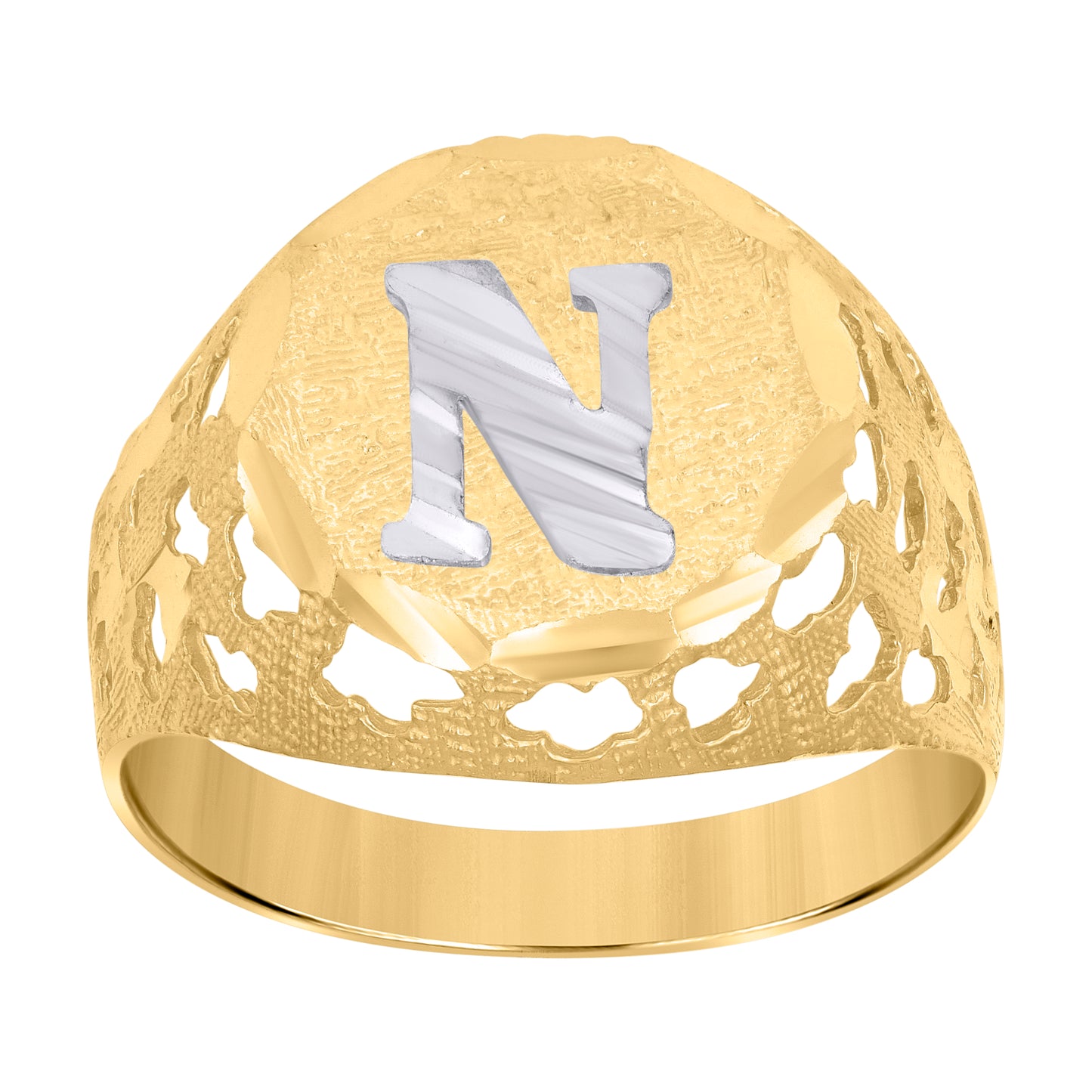 10K Two-Tone Gold Mens Diamond-Cut Textured Initial Letter Band Ring