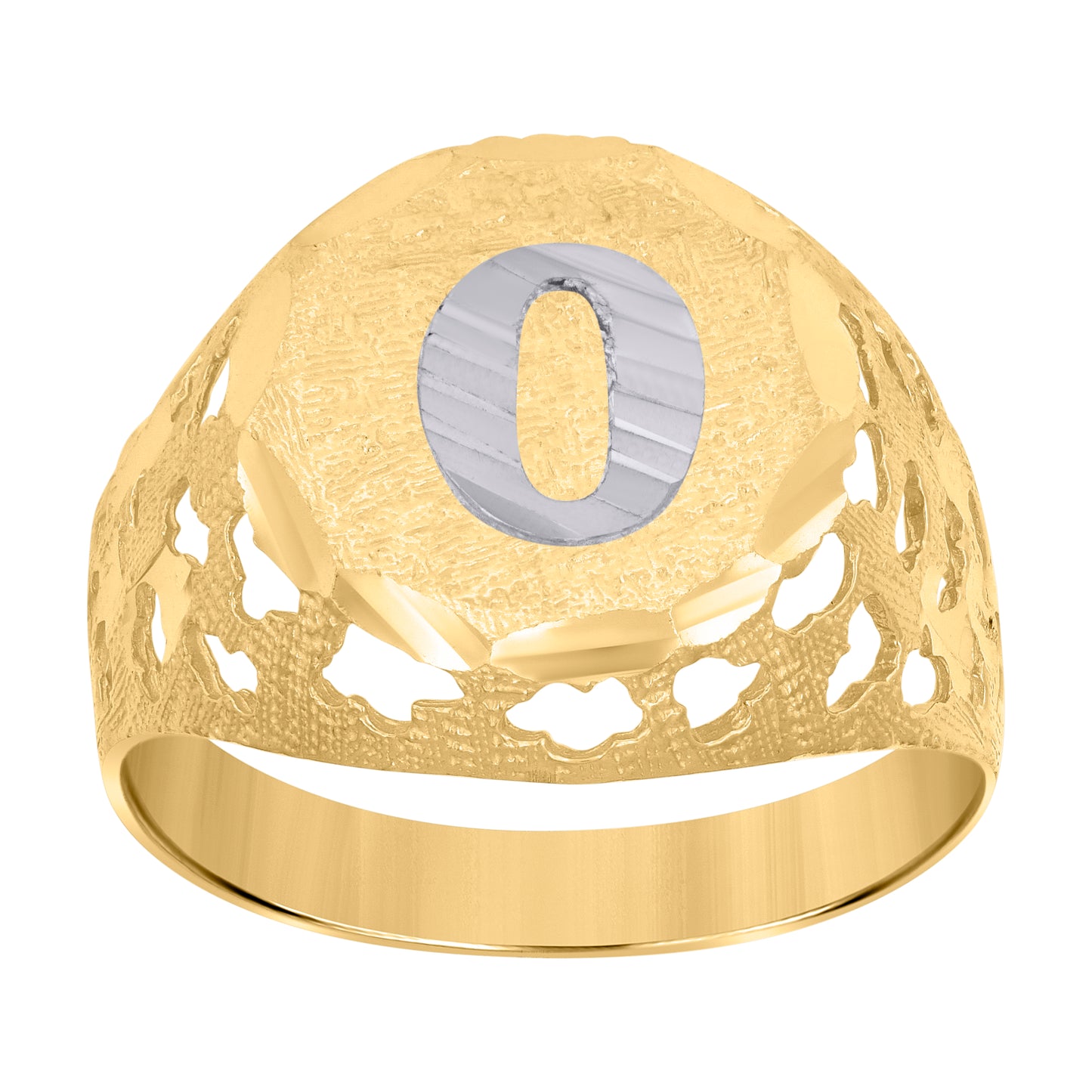 10K Two-Tone Gold Mens Diamond-Cut Textured Initial Letter Band Ring