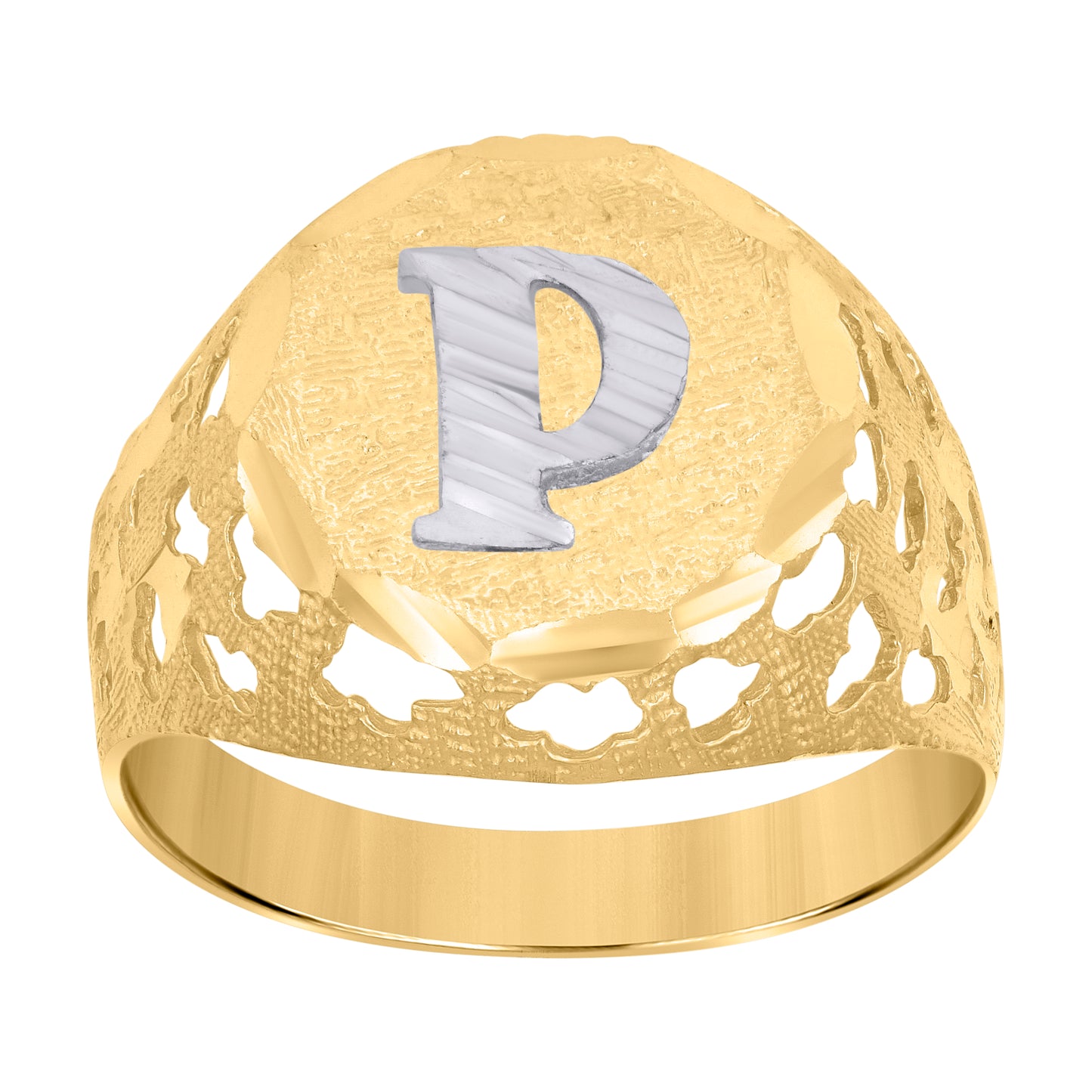 10K Two-Tone Gold Mens Diamond-Cut Textured Initial Letter Band Ring