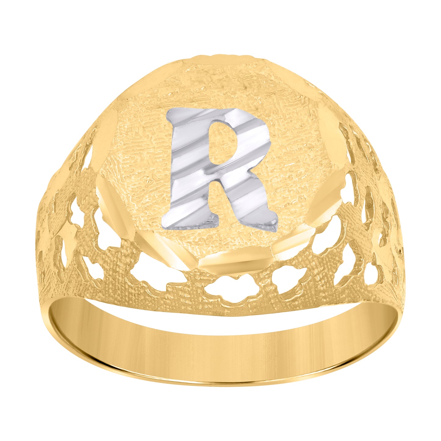 10K Two-Tone Gold Mens Diamond-Cut Textured Initial Letter Band Ring