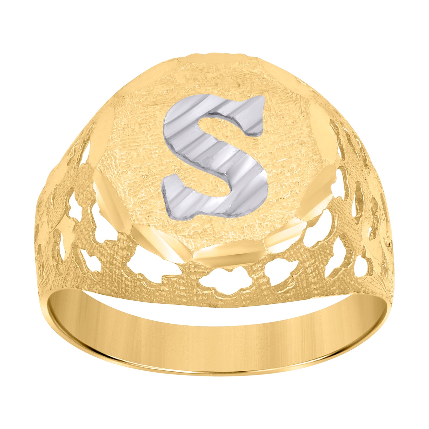 10K Two-Tone Gold Mens Diamond-Cut Textured Initial Letter Band Ring