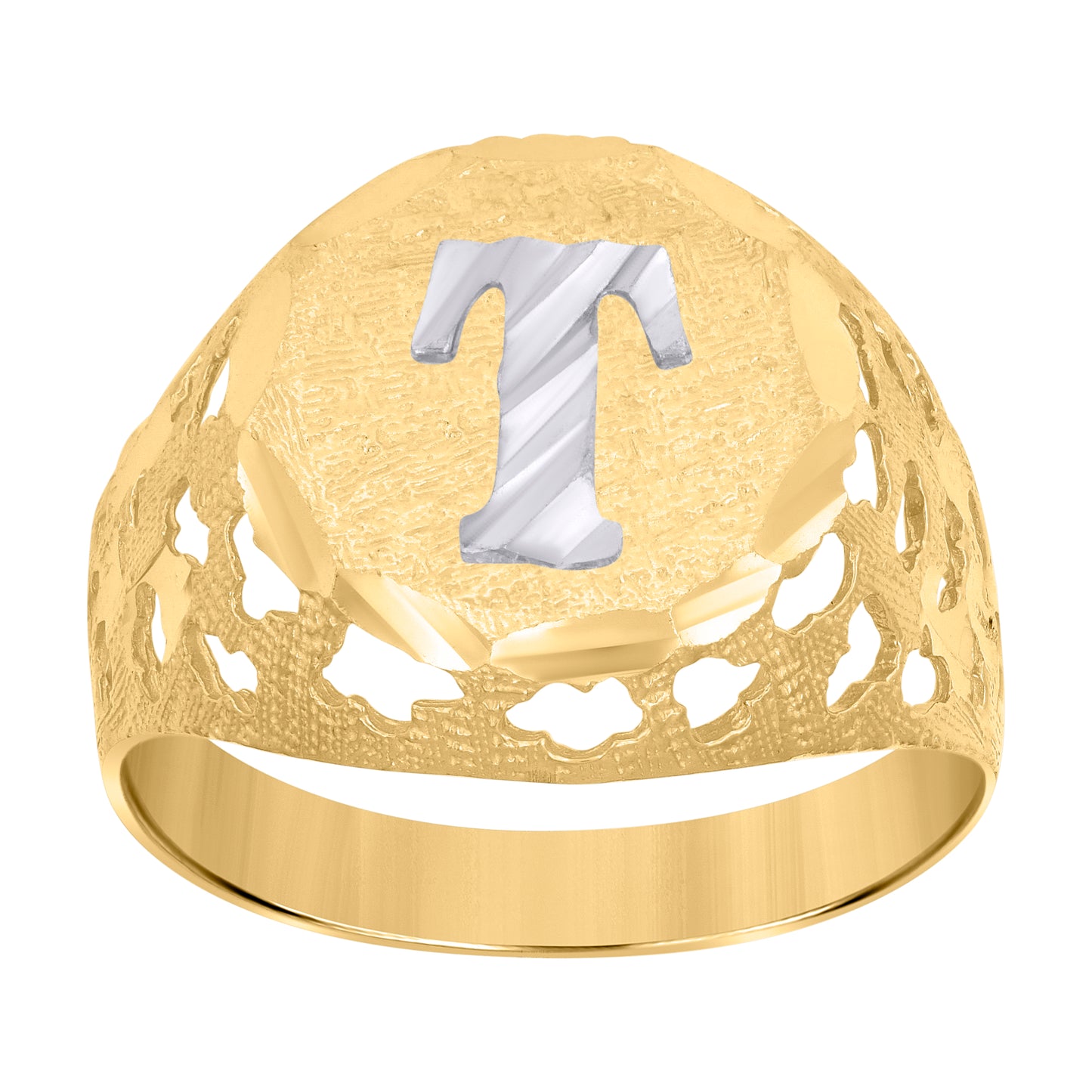 10K Two-Tone Gold Mens Diamond-Cut Textured Initial Letter Band Ring