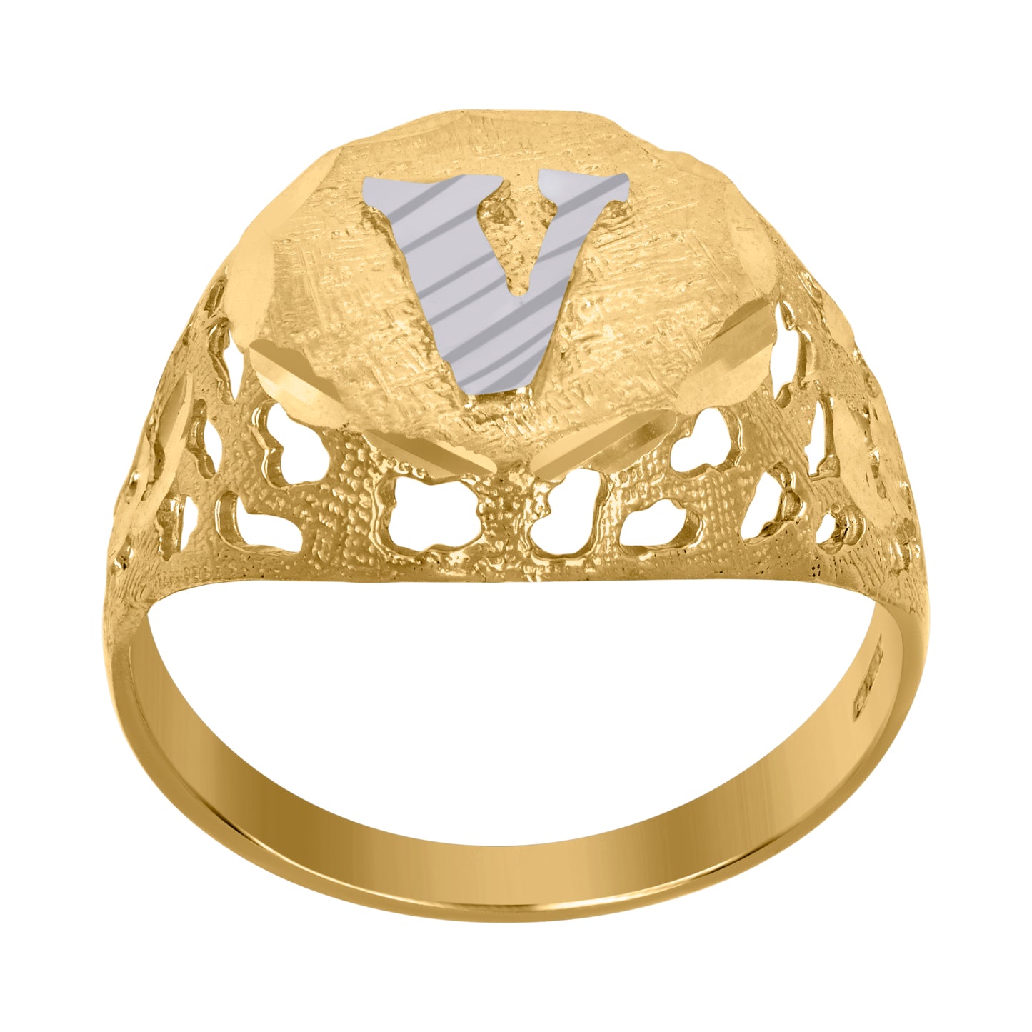 10K Two-Tone Gold Mens Diamond-Cut Textured Initial Letter Band Ring