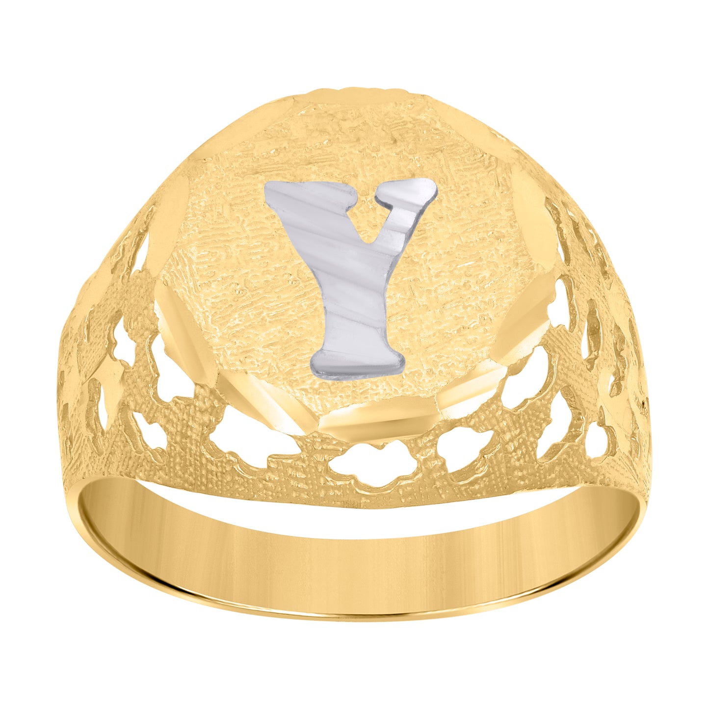 10K Two-Tone Gold Mens Diamond-Cut Textured Initial Letter Band Ring