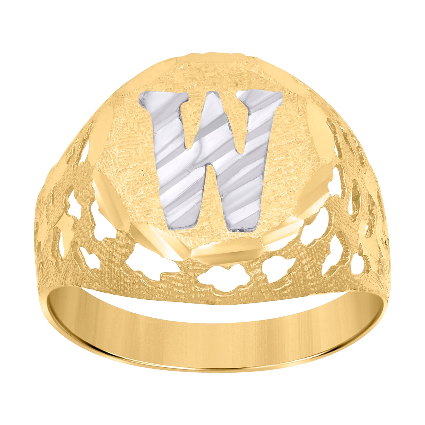 10K Two-Tone Gold Mens Diamond-Cut Textured Initial Letter Band Ring