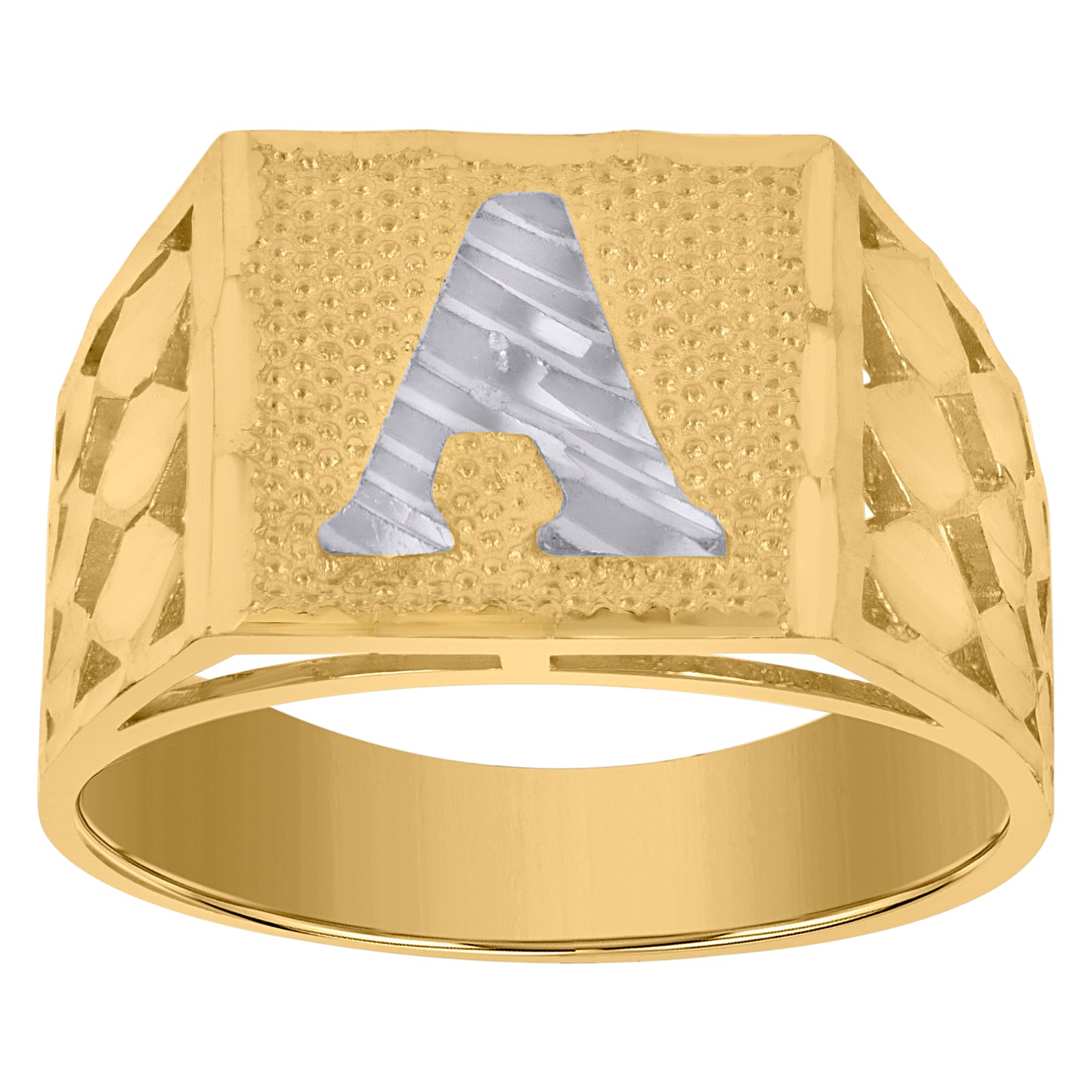 10K Two-Tone Gold Mens Diamond-Cut Textured Initial Letter Band Ring
