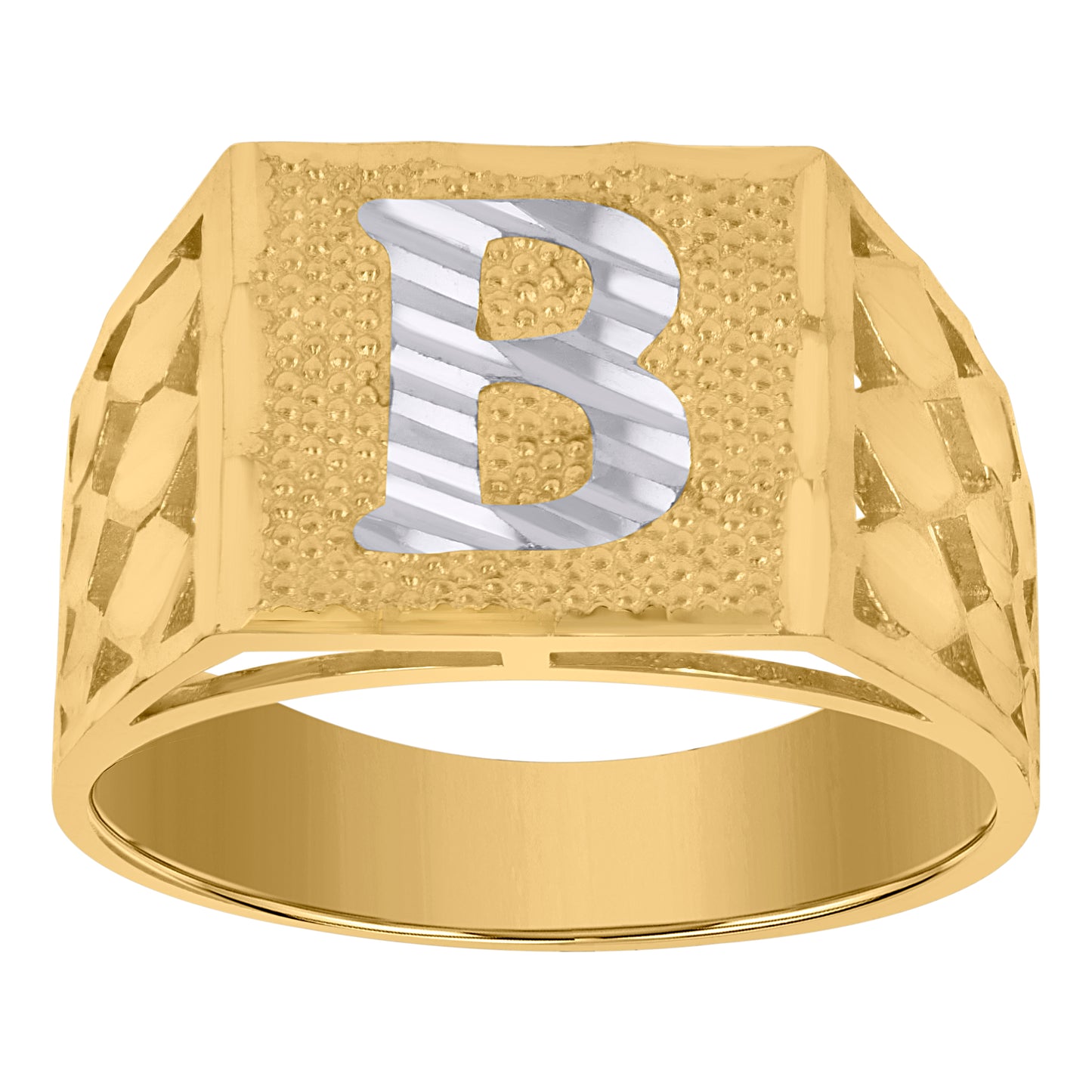 10K Two-Tone Gold Mens Diamond-Cut Textured Initial Letter Band Ring