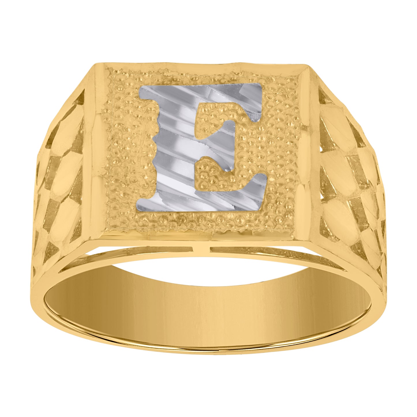 10K Two-Tone Gold Mens Diamond-Cut Textured Initial Letter Band Ring