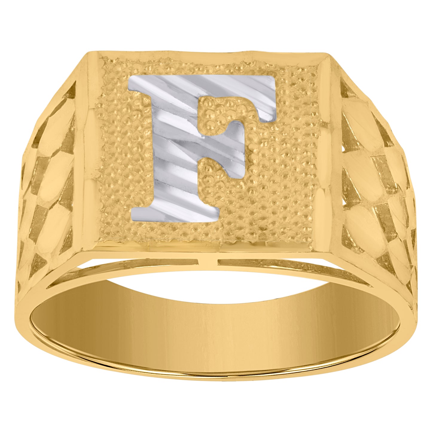 10K Two-Tone Gold Mens Diamond-Cut Textured Initial Letter Band Ring