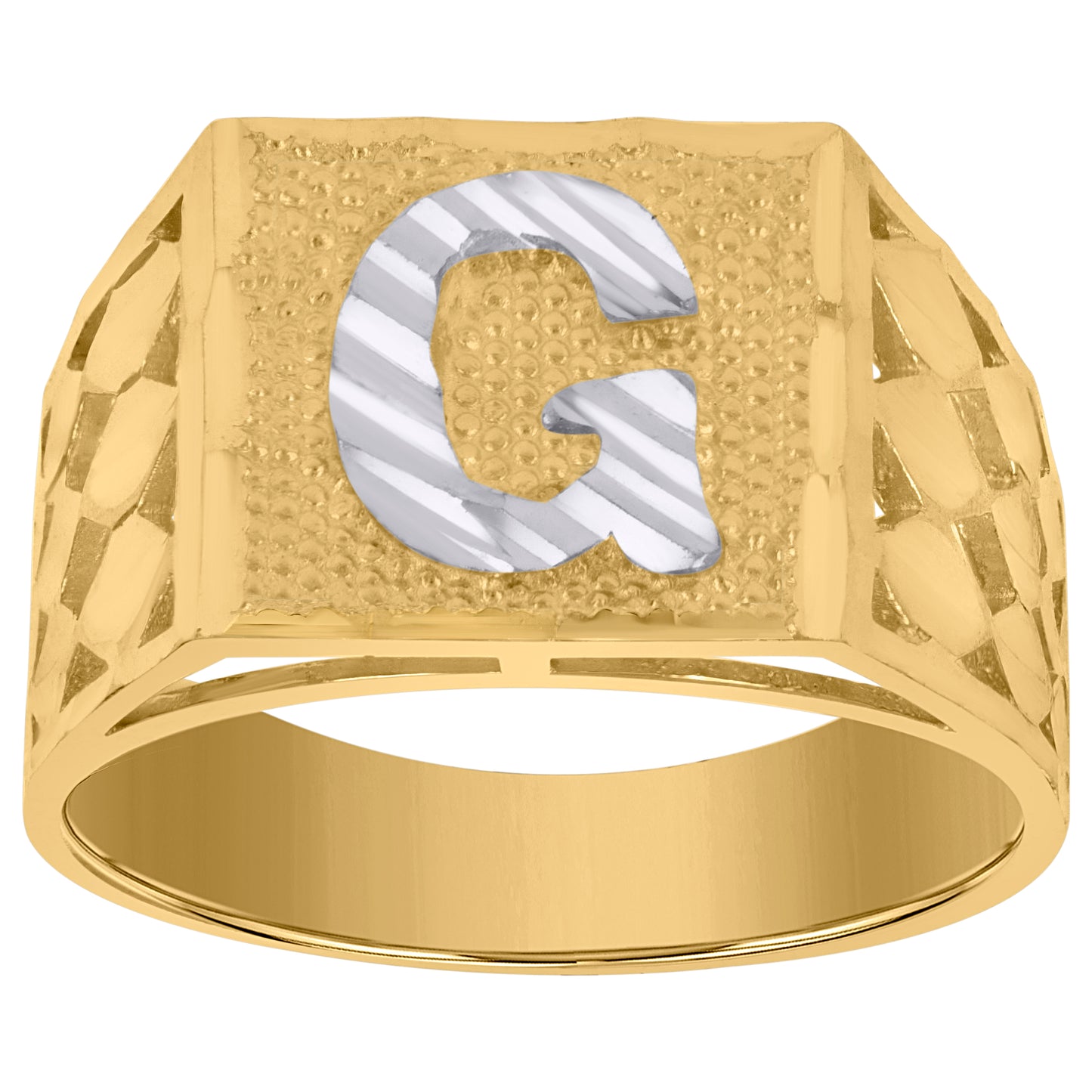 10K Two-Tone Gold Mens Diamond-Cut Textured Initial Letter Band Ring