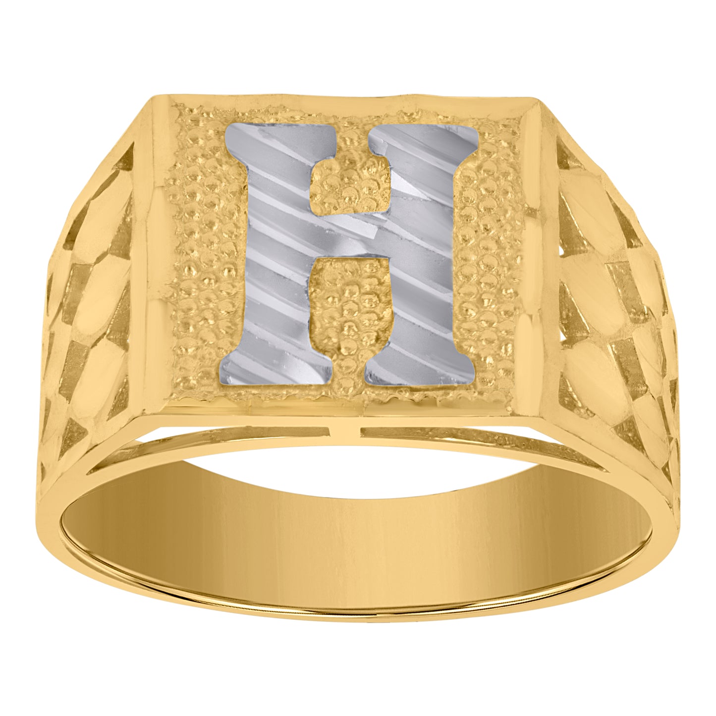 10K Two-Tone Gold Mens Diamond-Cut Textured Initial Letter Band Ring
