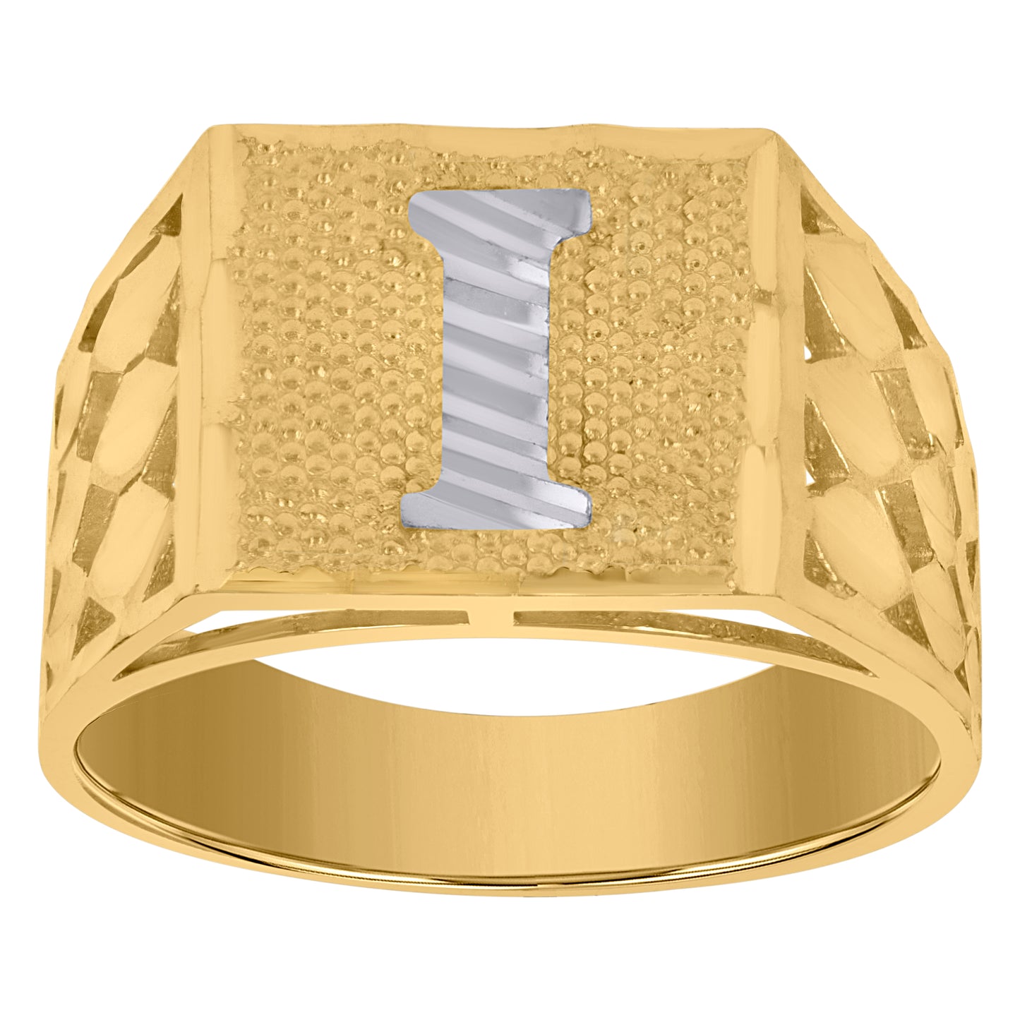 10K Two-Tone Gold Mens Diamond-Cut Textured Initial Letter Band Ring
