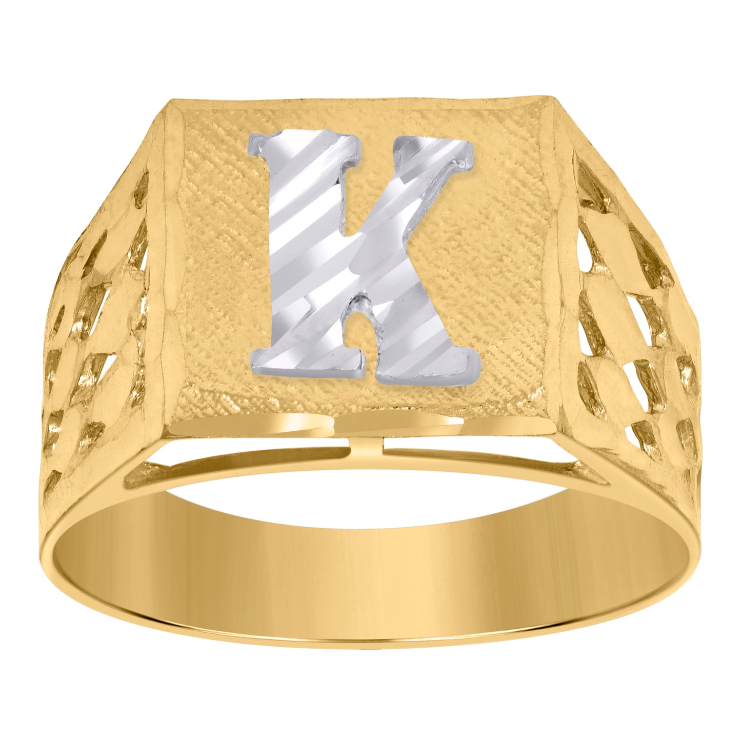 10K Two-Tone Gold Mens Diamond-Cut Textured Initial Letter Band Ring