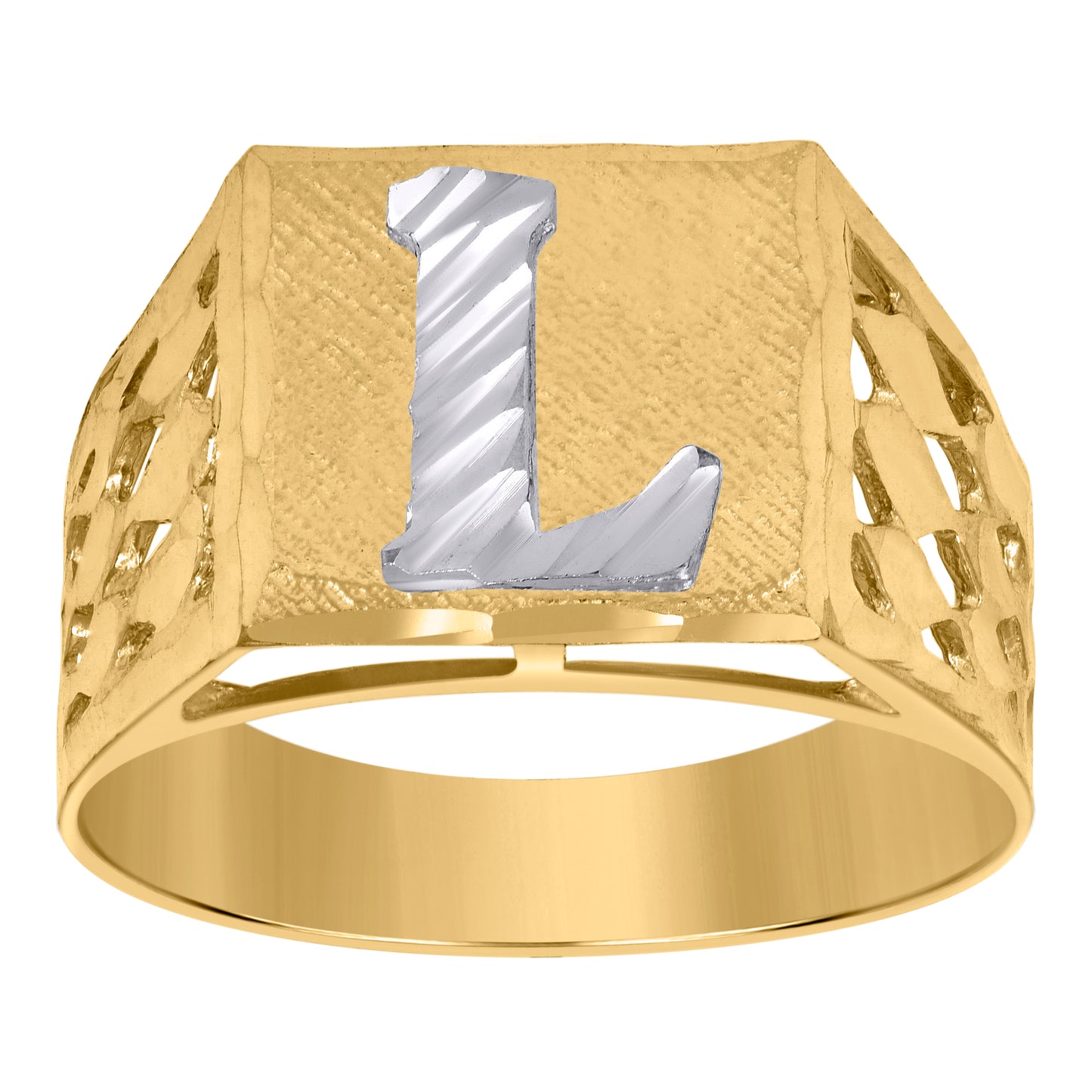 10K Two-Tone Gold Mens Diamond-Cut Textured Initial Letter Band Ring