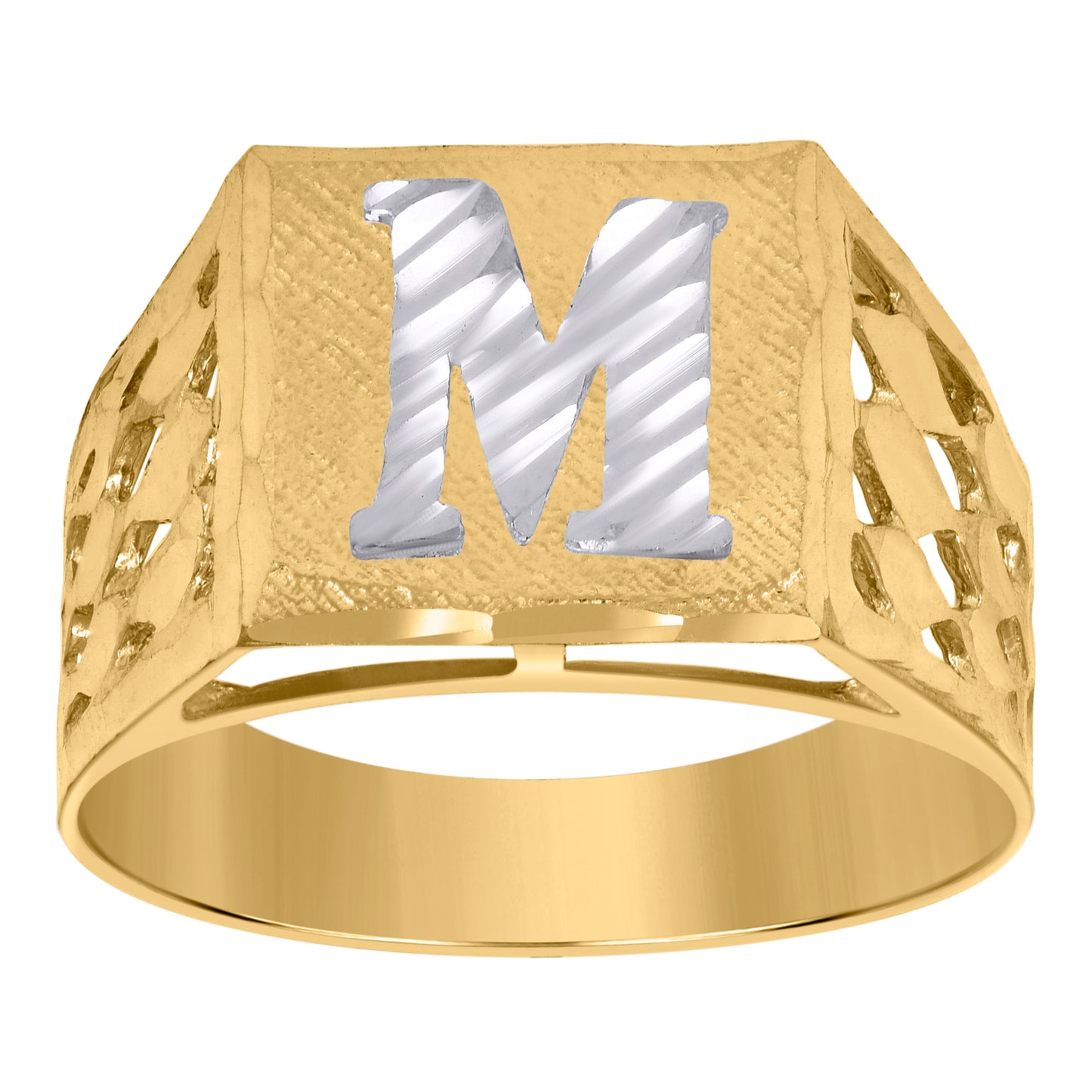 10K Two-Tone Gold Mens Diamond-Cut Textured Initial Letter Band Ring