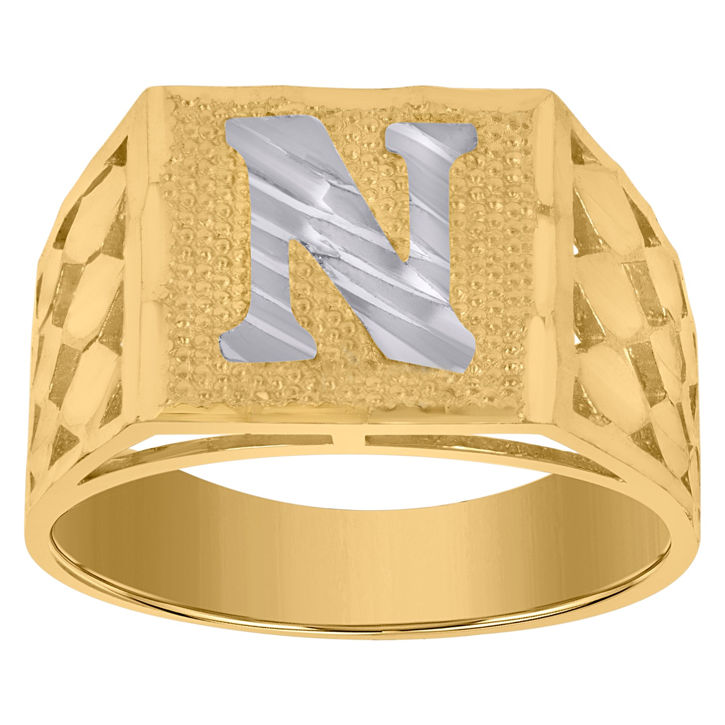 10K Two-Tone Gold Mens Diamond-Cut Textured Initial Letter Band Ring