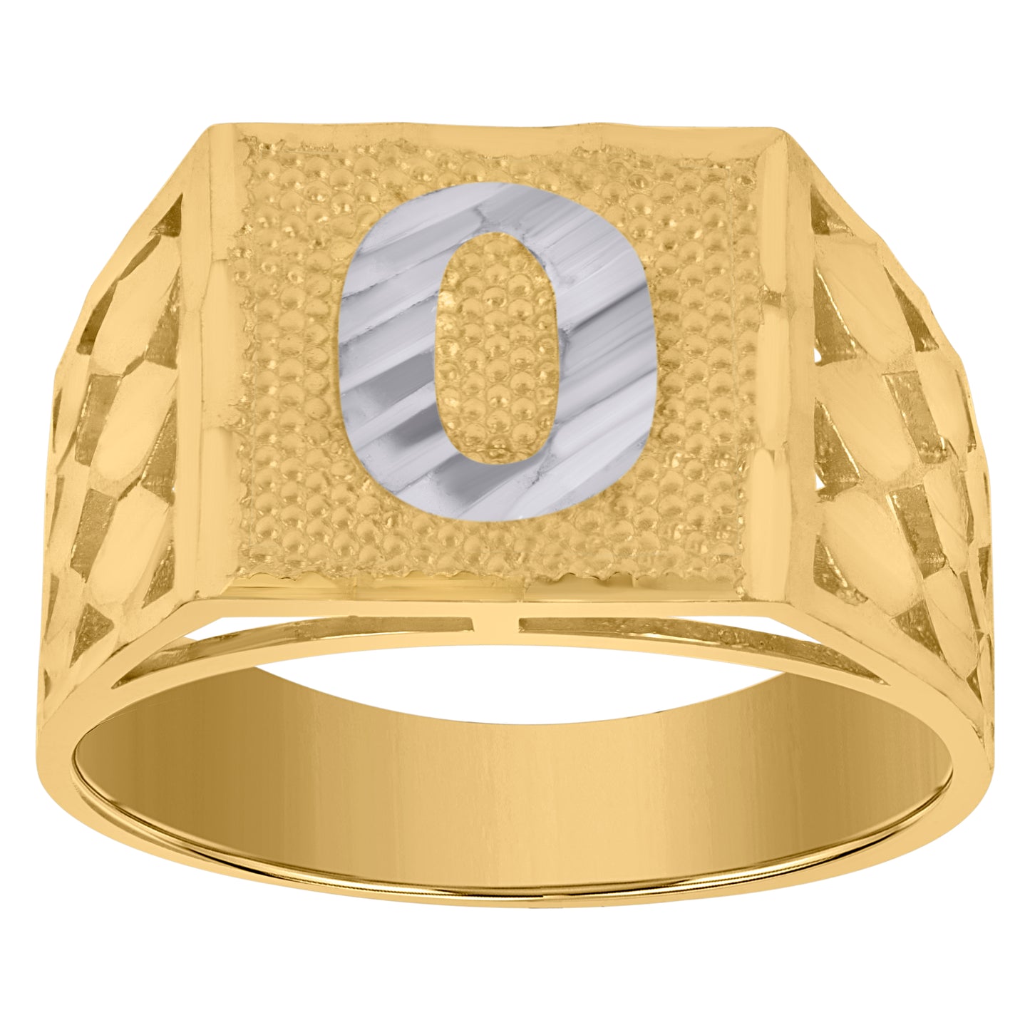 10K Two-Tone Gold Mens Diamond-Cut Textured Initial Letter Band Ring