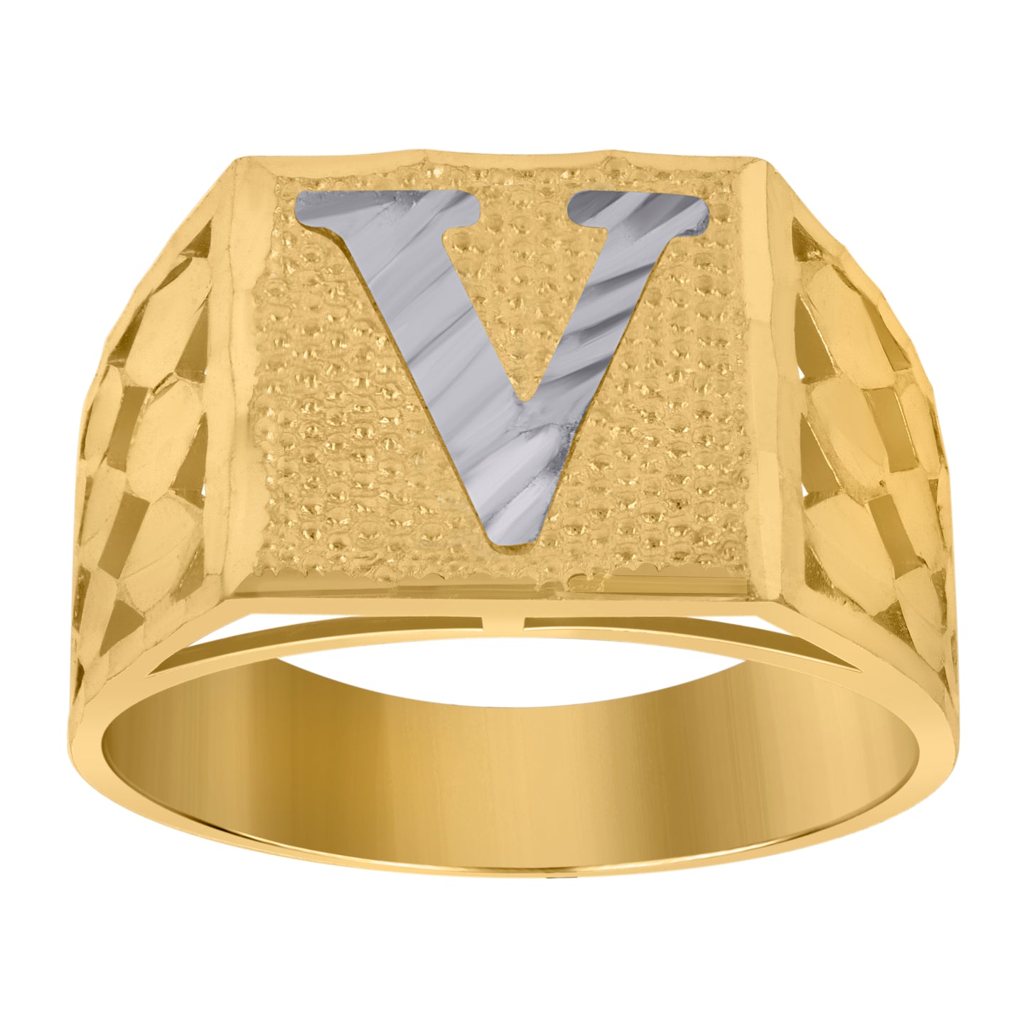 10K Two-Tone Gold Mens Diamond-Cut Textured Initial Letter Band Ring