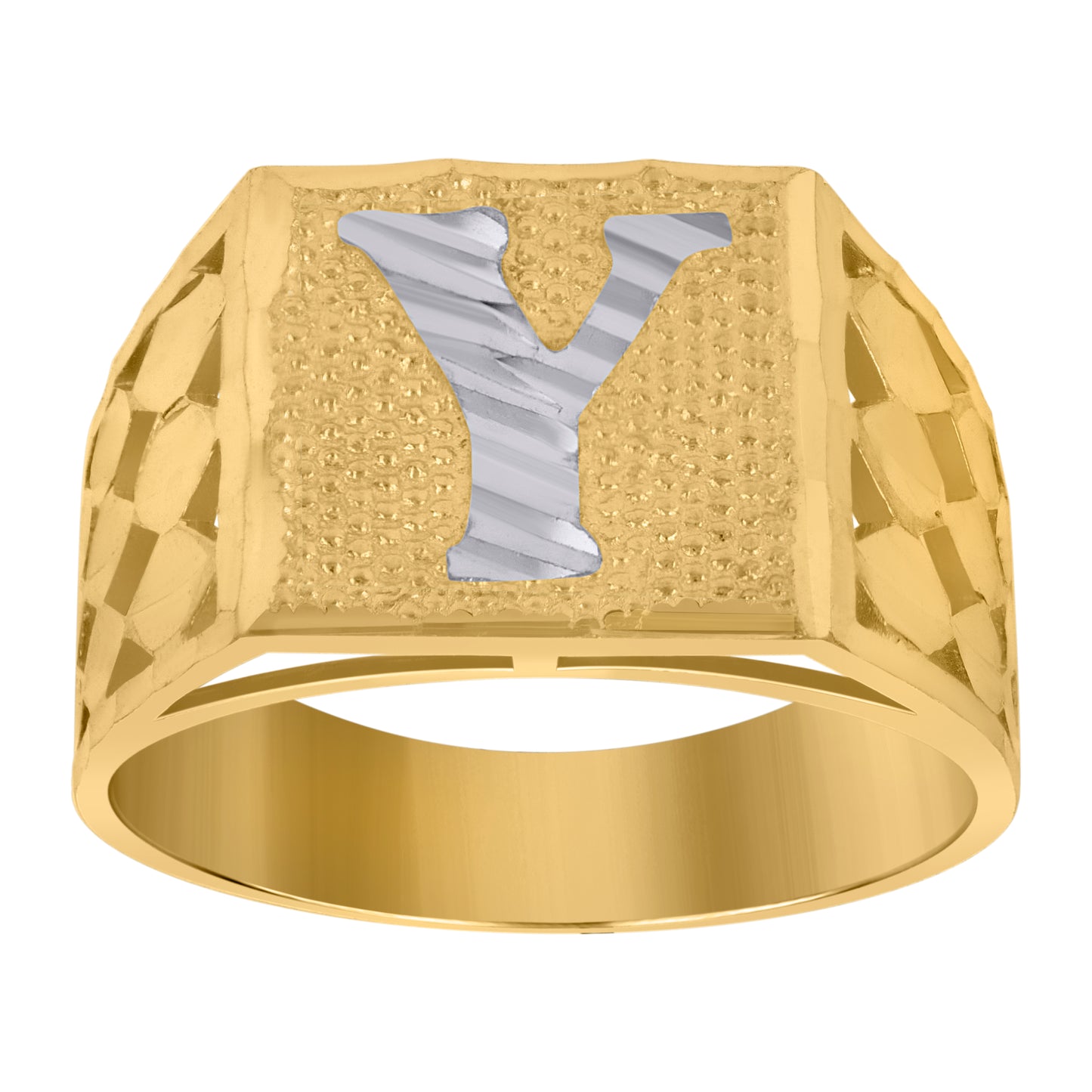 10K Two-Tone Gold Mens Diamond-Cut Textured Initial Letter Band Ring