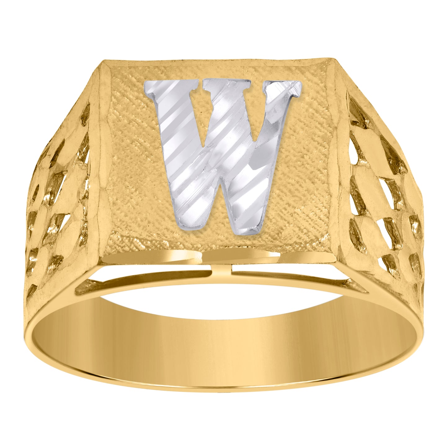 10K Two-Tone Gold Mens Diamond-Cut Textured Initial Letter Band Ring