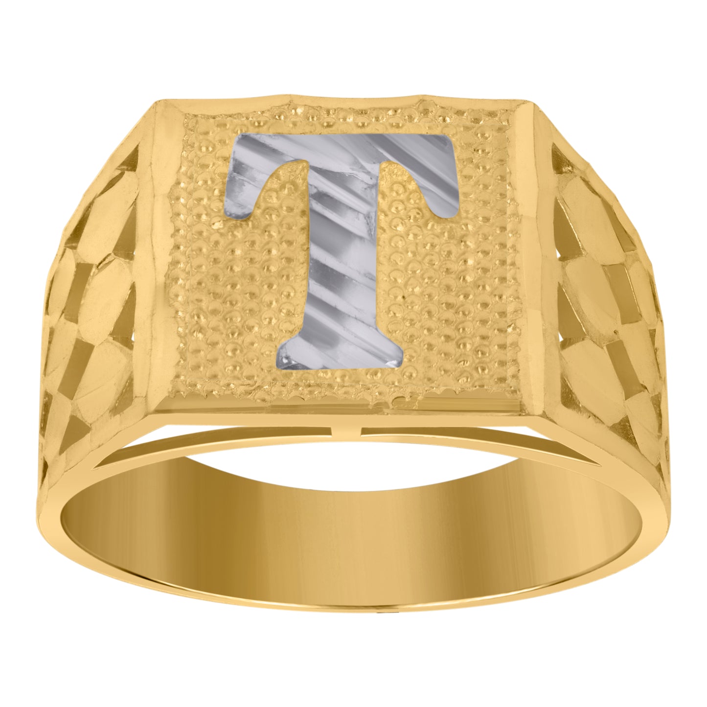10K Two-Tone Gold Mens Diamond-Cut Textured Initial Letter Band Ring