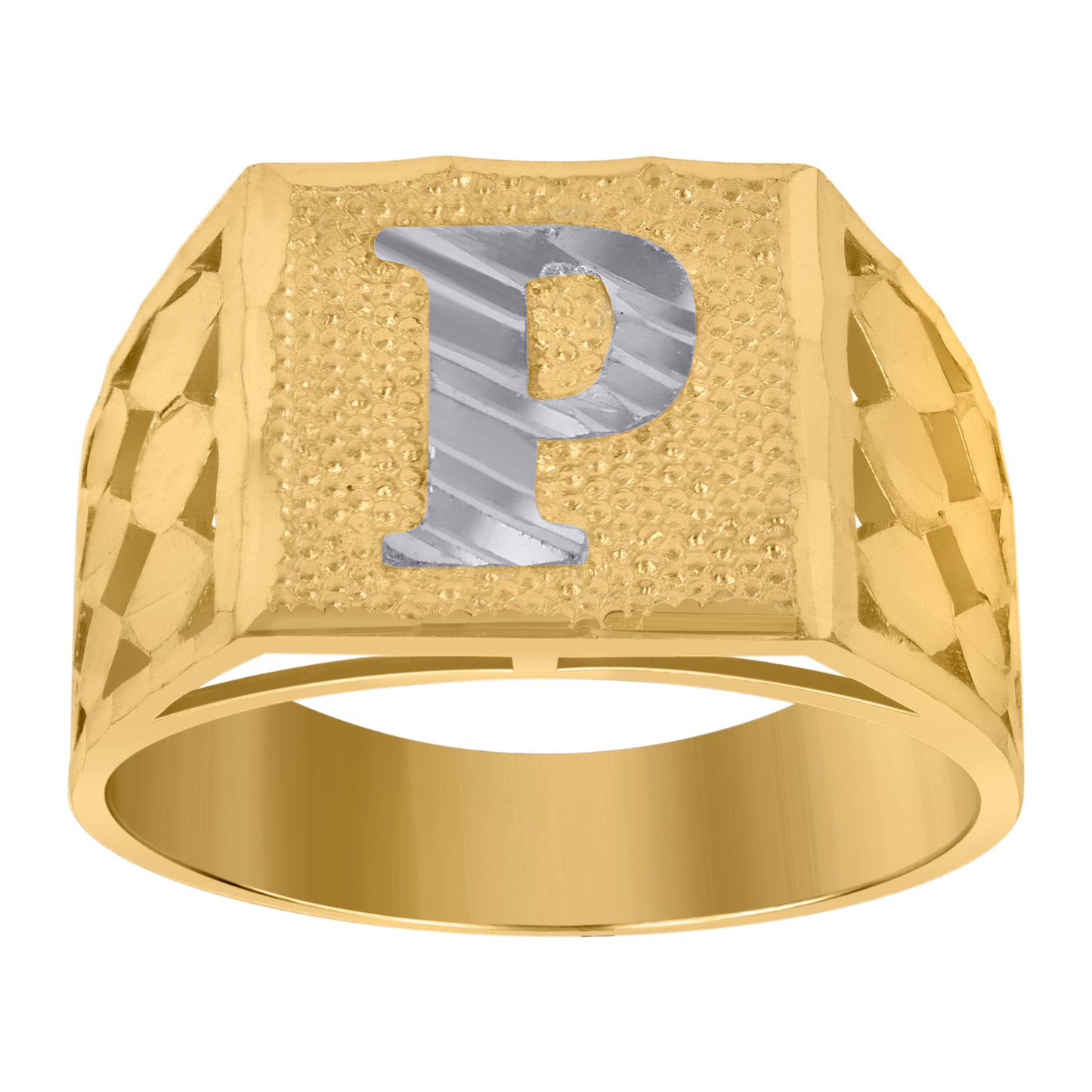 10K Two-Tone Gold Mens Diamond-Cut Textured Initial Letter Band Ring